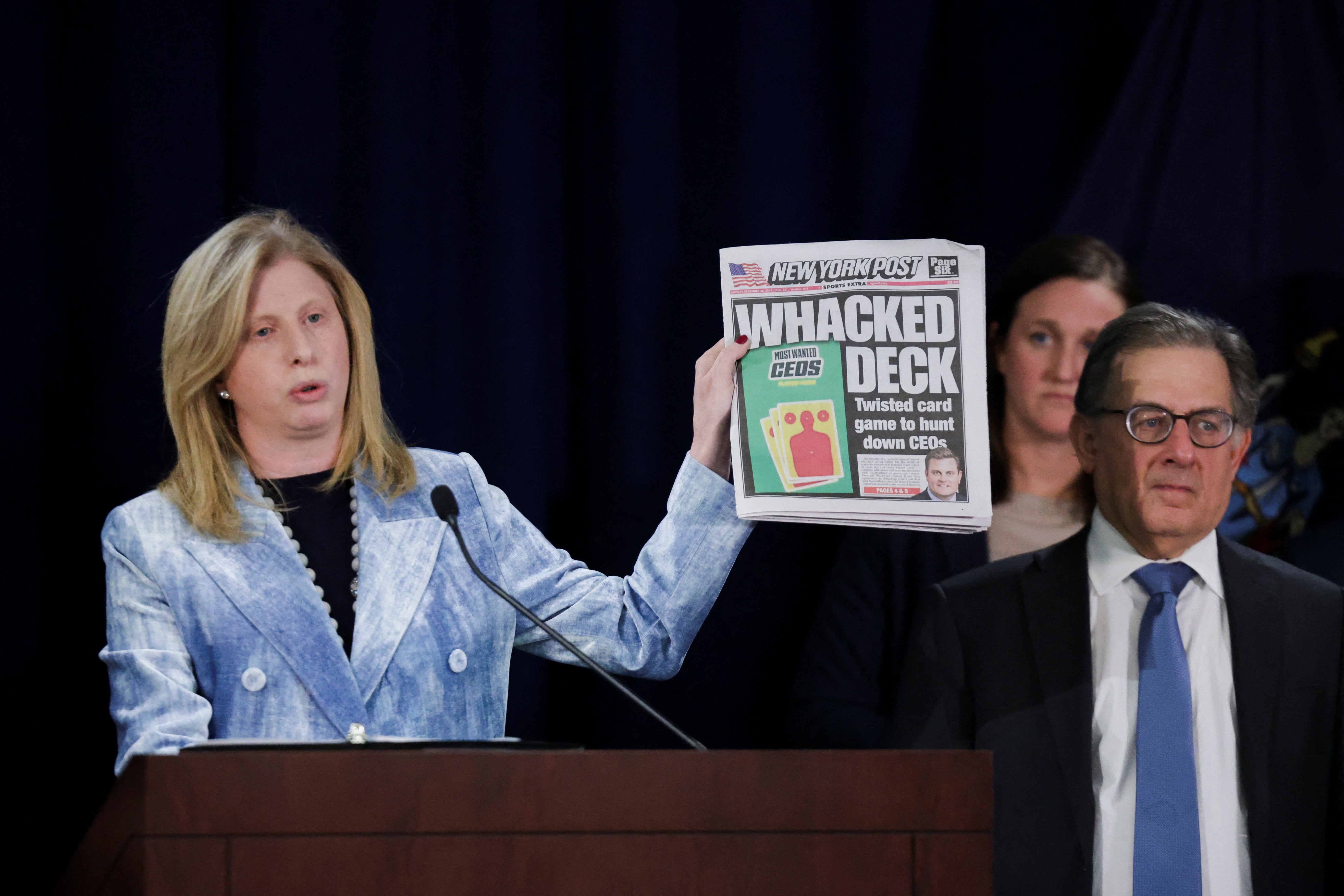 NYPD Commissioner Jessica Tisch holds a copy of the New York Post addressing the ‘appalling celebration’ of Brian Thompson’s murder by Mangione’s supporters