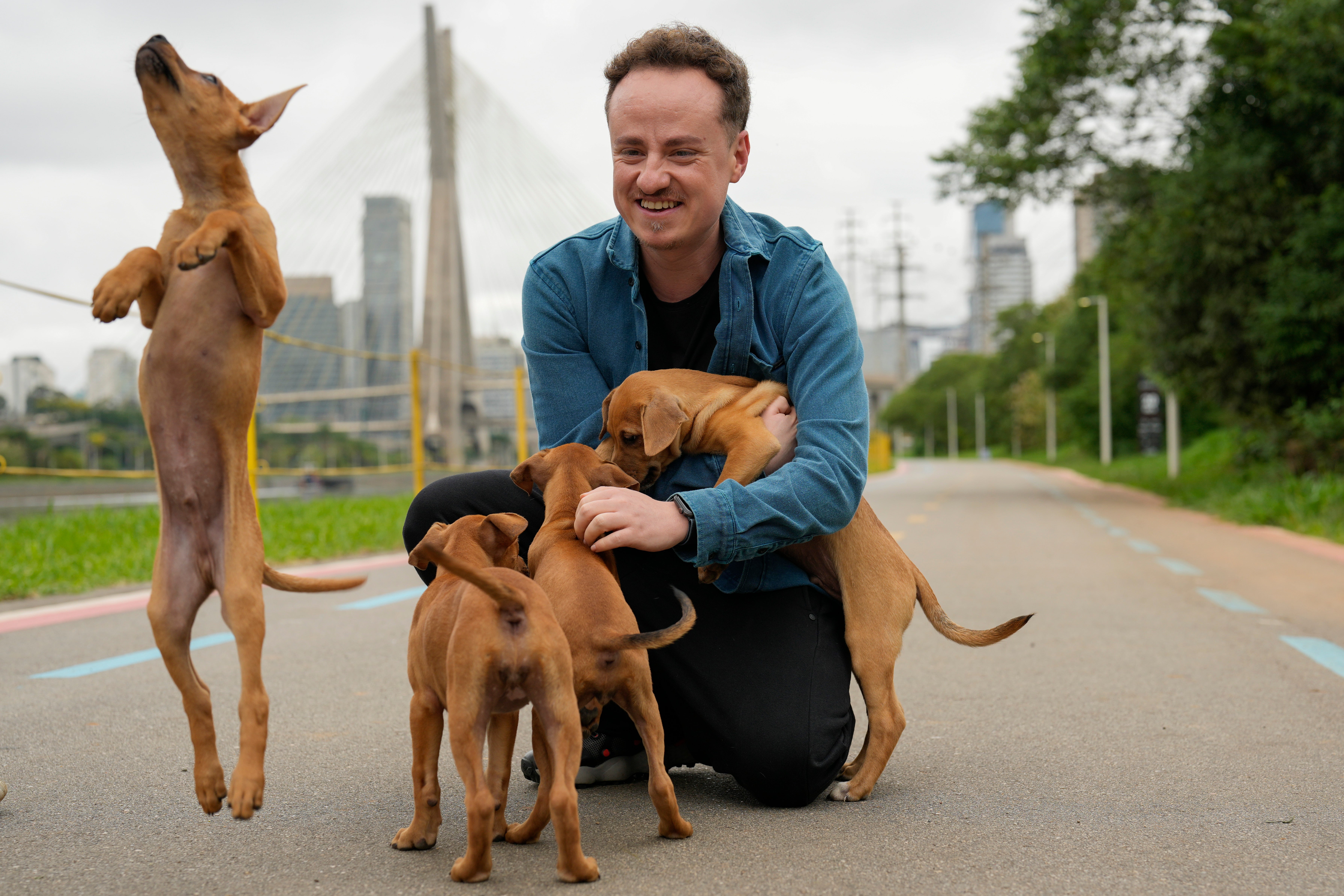 Director Diego Freitas plays with caramelo dogs on the set of the Netflix film “Caramelo” in Sao Paulo, Tuesday, Oct. 29