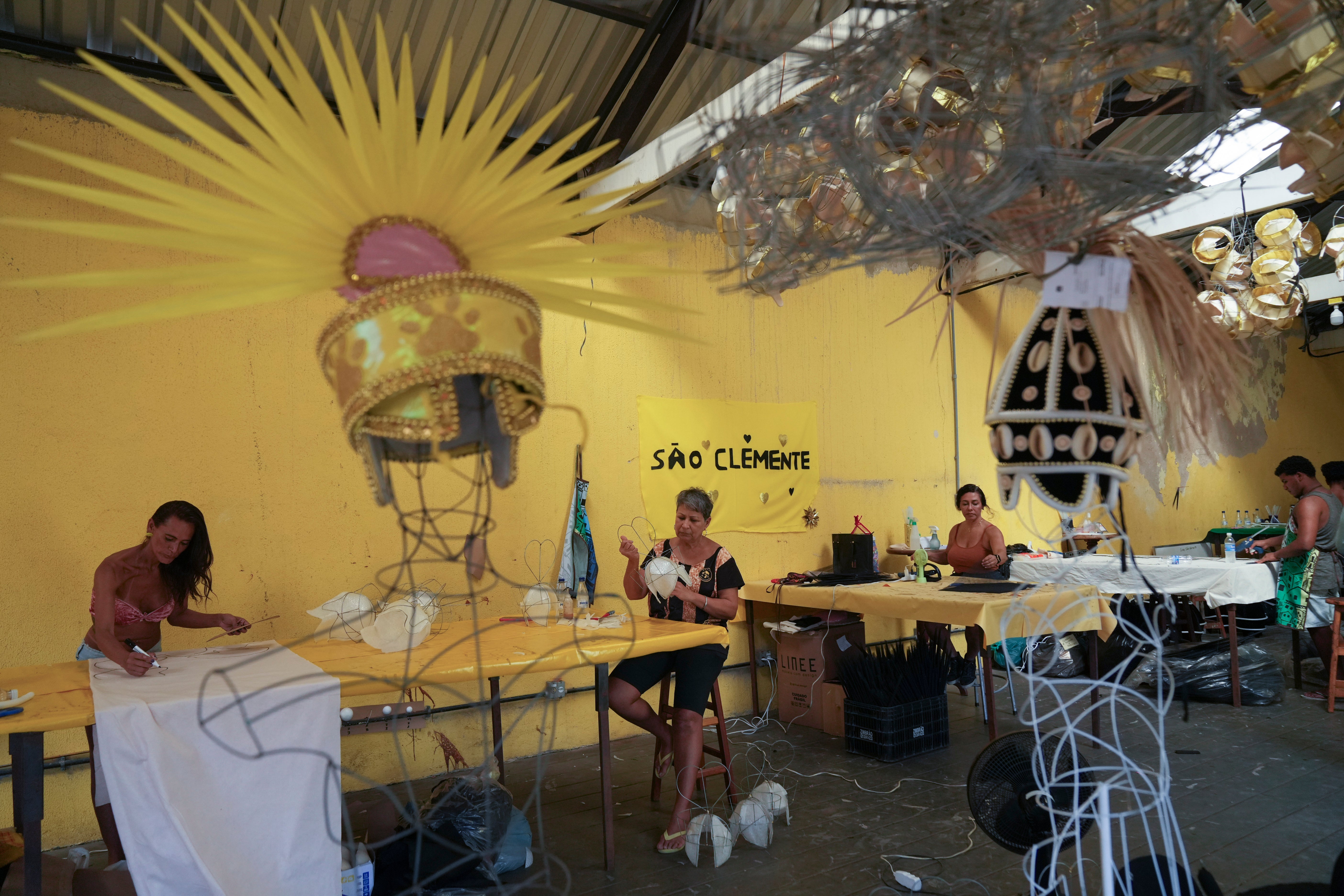 Sao Clemente samba school workers make costumes for Carnival, in Rio de Janeiro