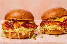 These gochujang BBQ chicken burgers by Alex Hughes are crispy, spicy perfection