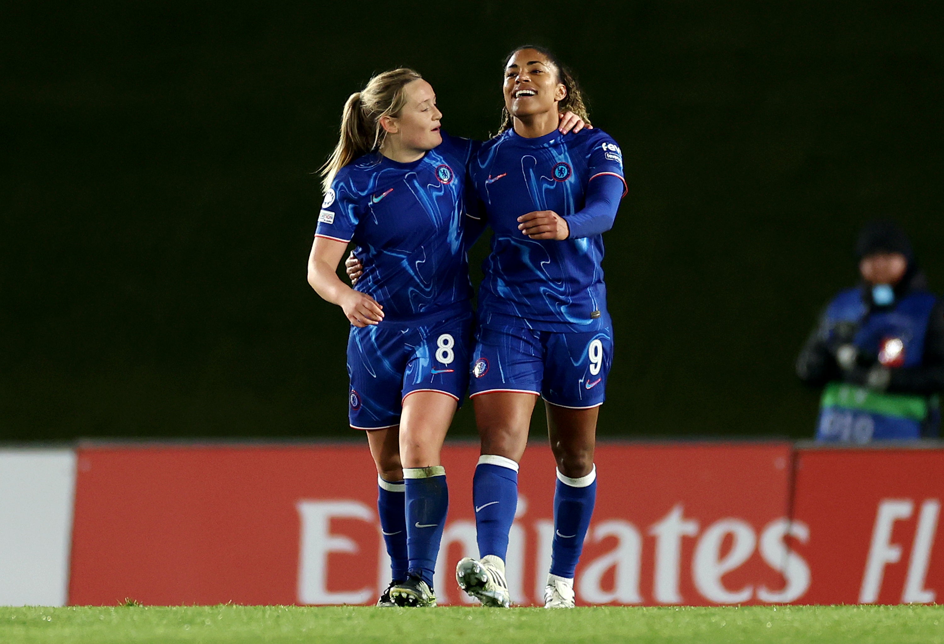 Catarina Macario celebrates with Erin Cuthbert of Chelsea