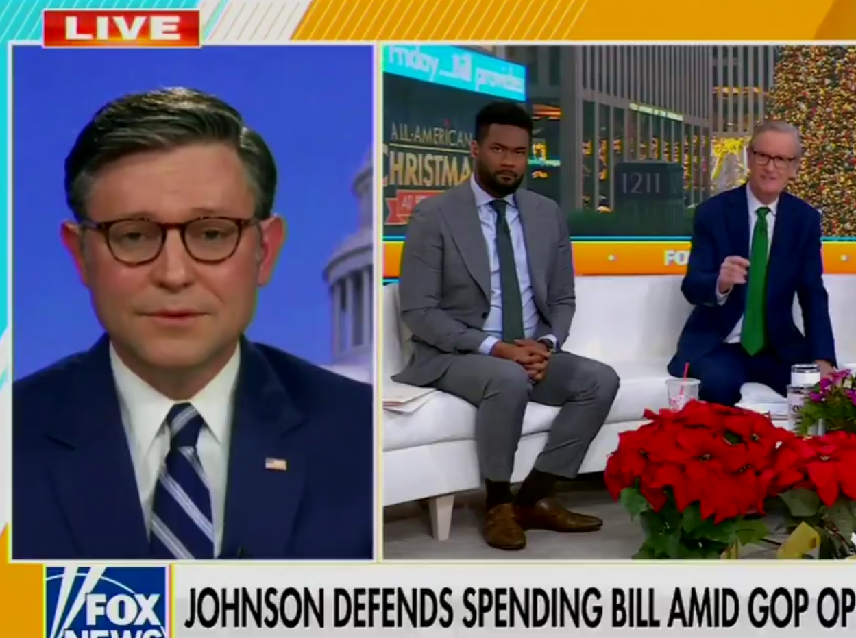 House Speaker Mike Johnson is challenged on Fox and Friends on Wednesday about a spending bill and how he would justify it to Elon Musk