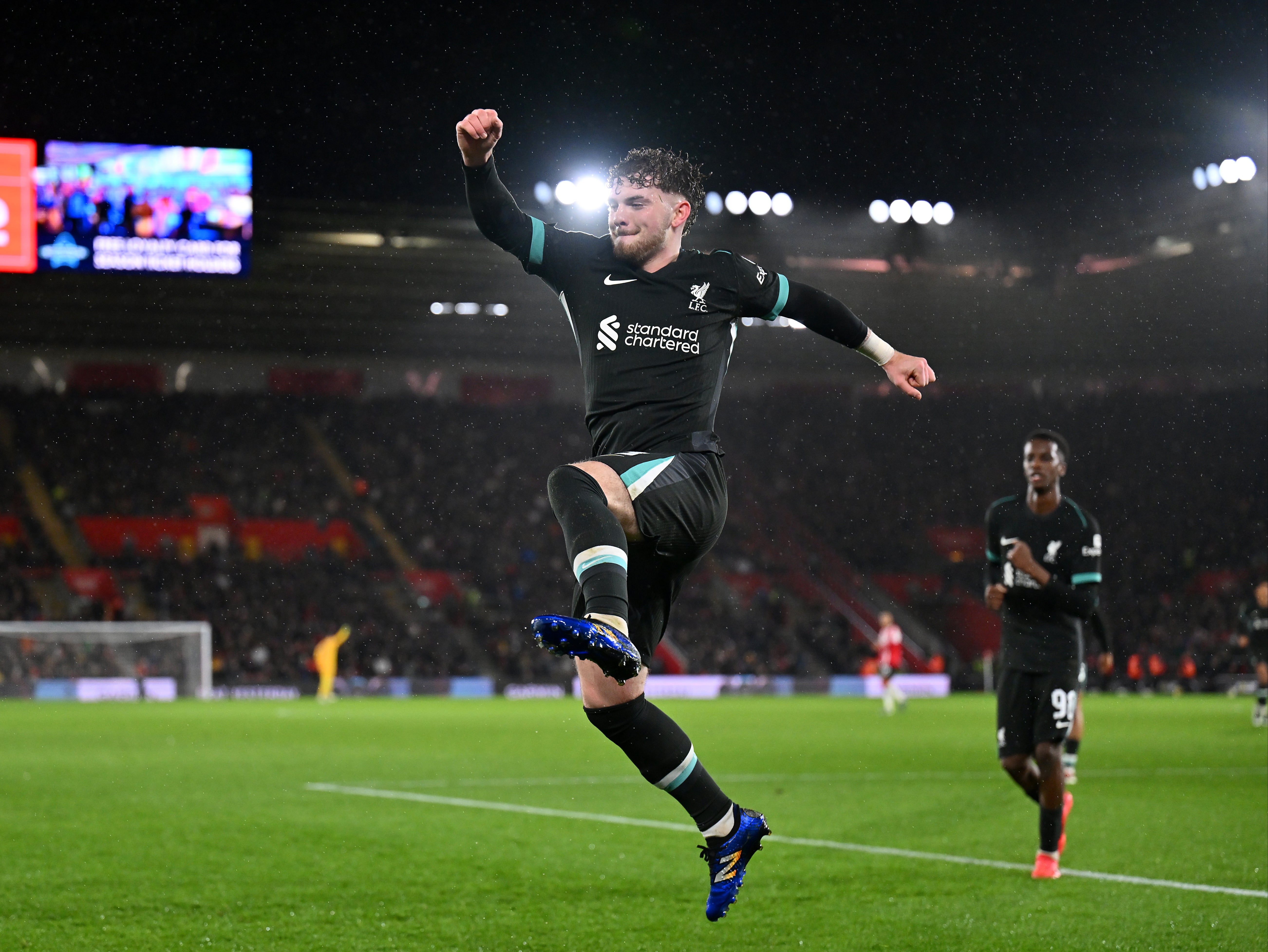 Harvey Elliott celebrates his first goal of the season as Liverpool beat Southampton