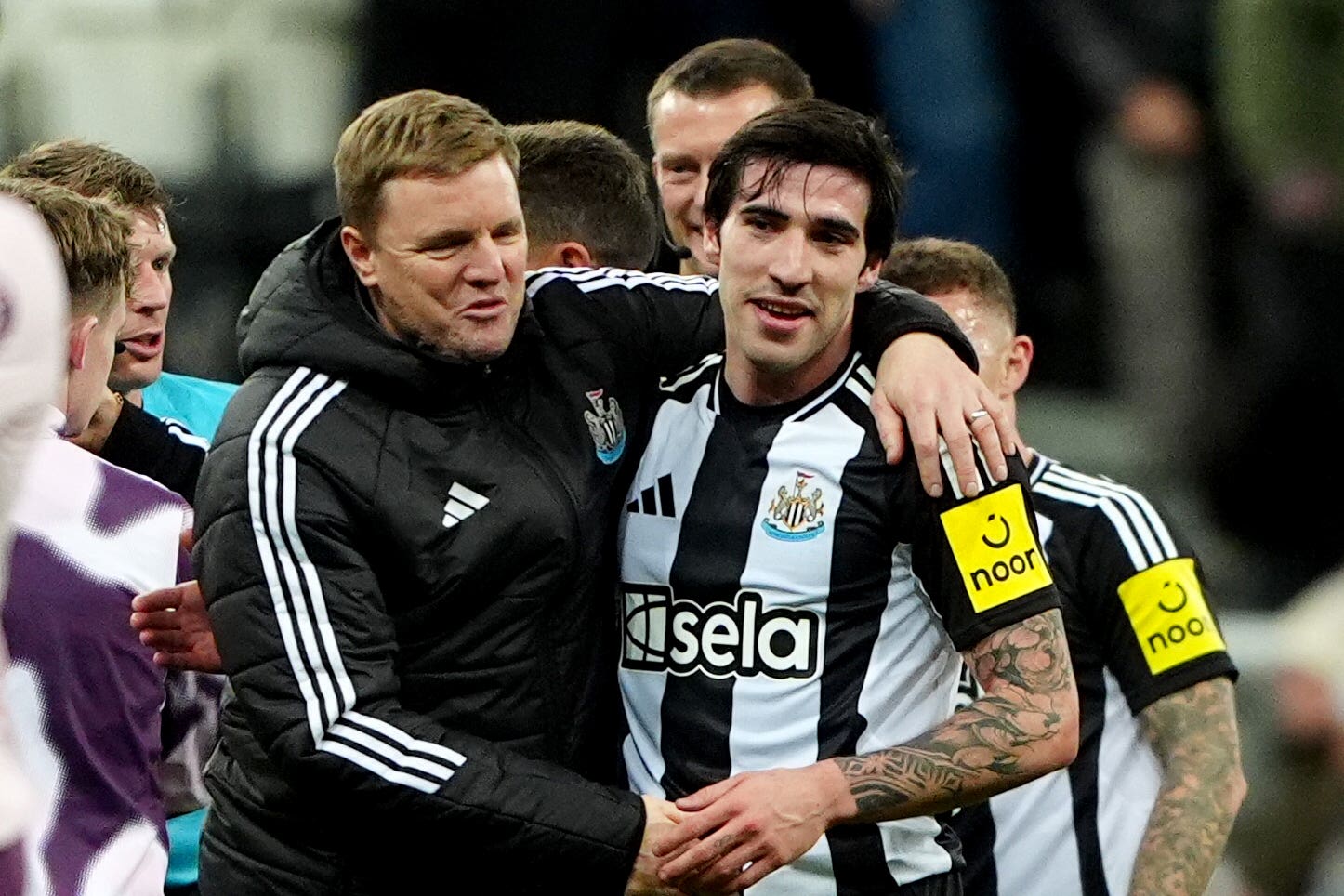 Newcastle manager Eddie Howe, left, hailed the performance of Sandro Tonali (Owen Humprheys/PA)