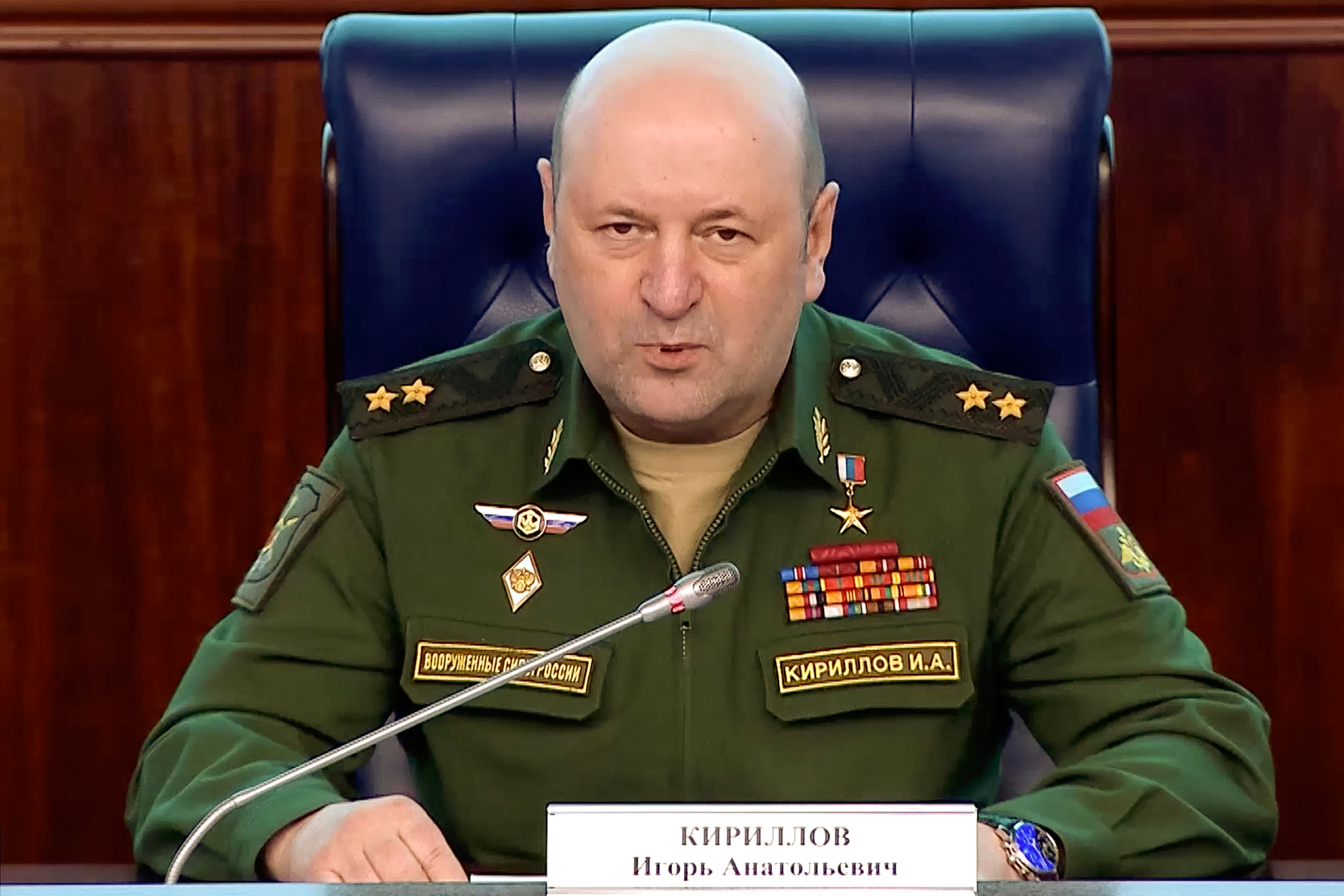 File: Lt Gen Igor Kirillov, head of Russia’s Nuclear, Biological, and Chemical Defence Forces, speaks at a briefing in Moscow, Russia on 28 February 2023