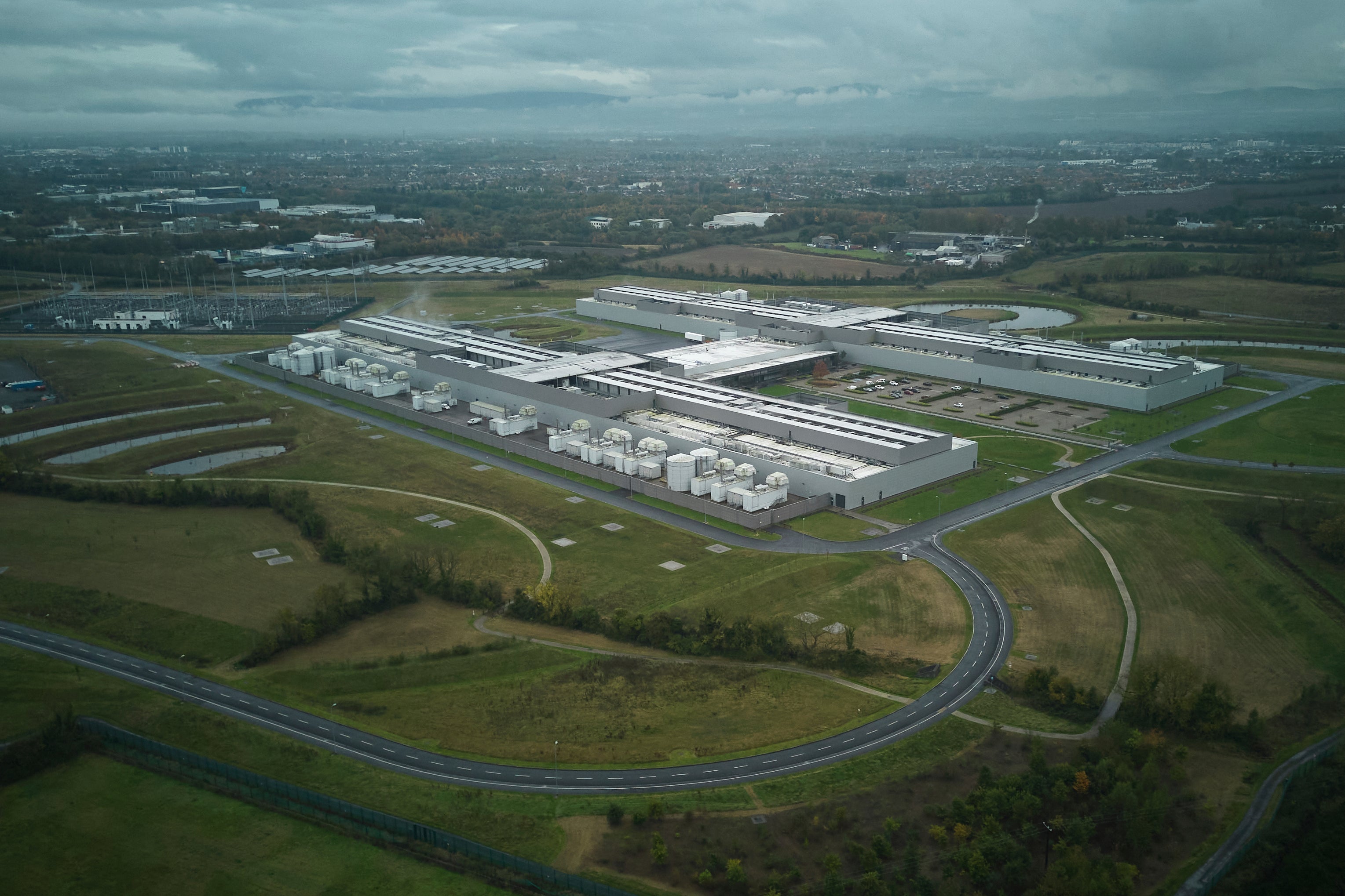 An aerial view of the Meta data center, in Dublin, Ireland