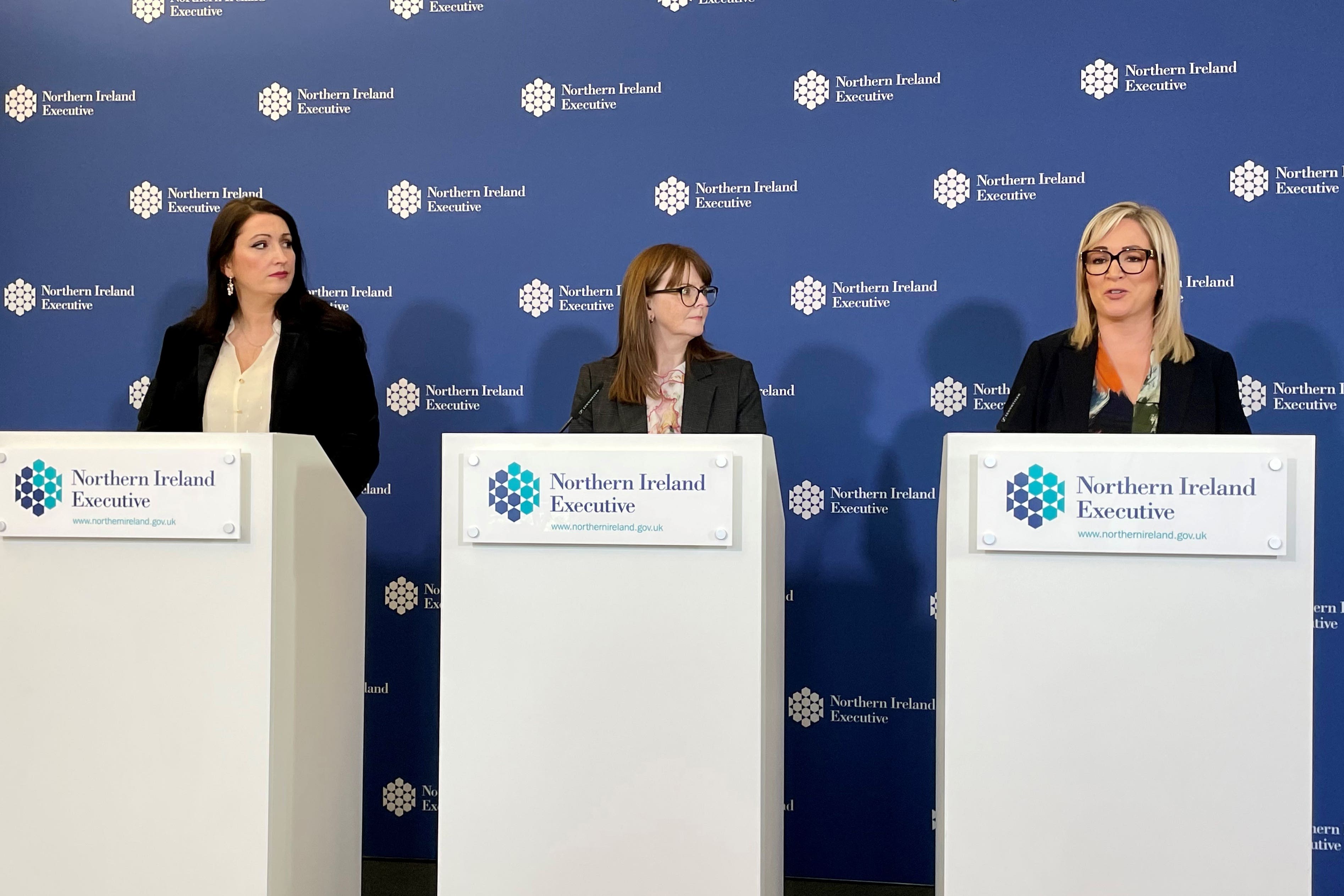 Deputy First Minister Emma Little Pengelly, Finance Minister Caoimhe Archibald, and First Minister Michelle O’Neill during a press conference at Stormont on Thursday (David Young/PA)