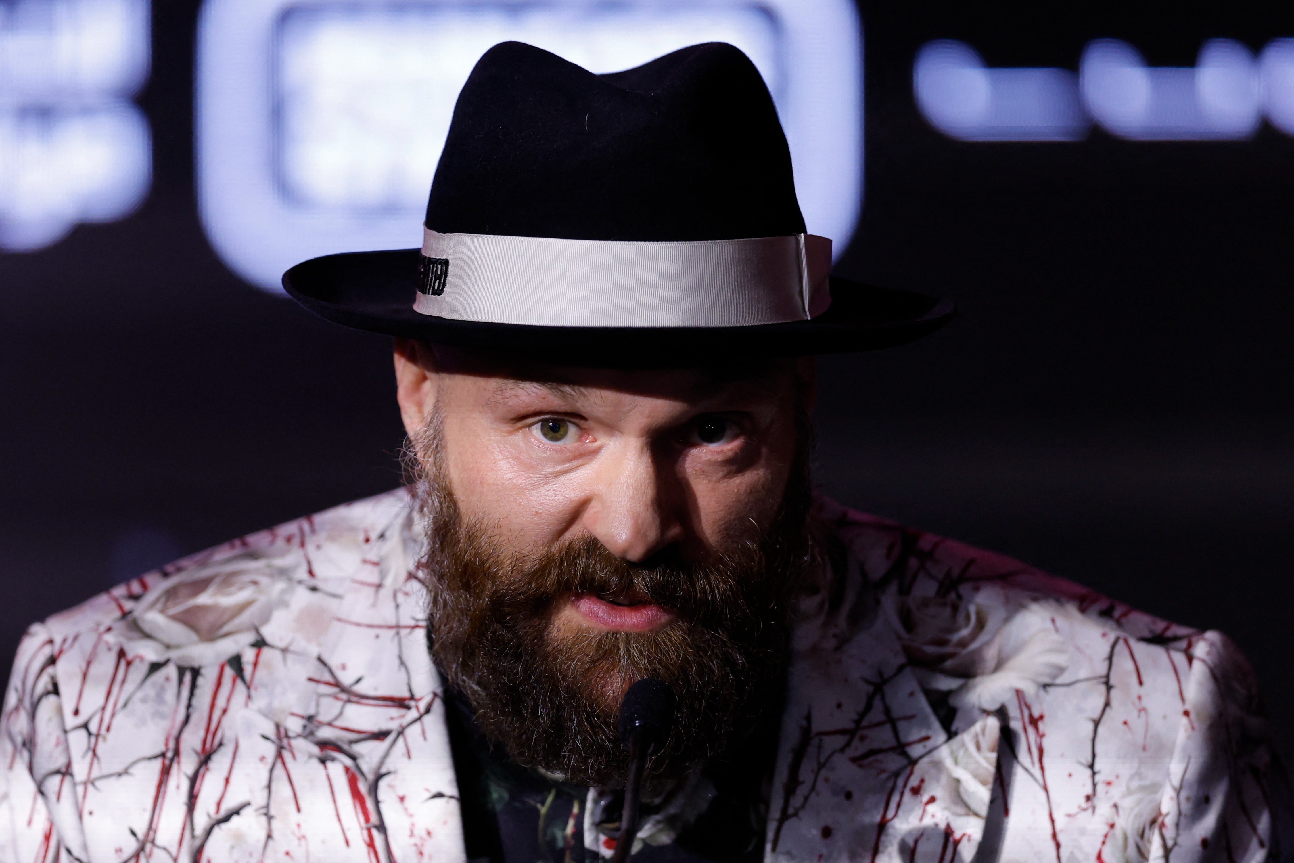 Tyson Fury at the press conference for his rematch with Oleksandr Usyk