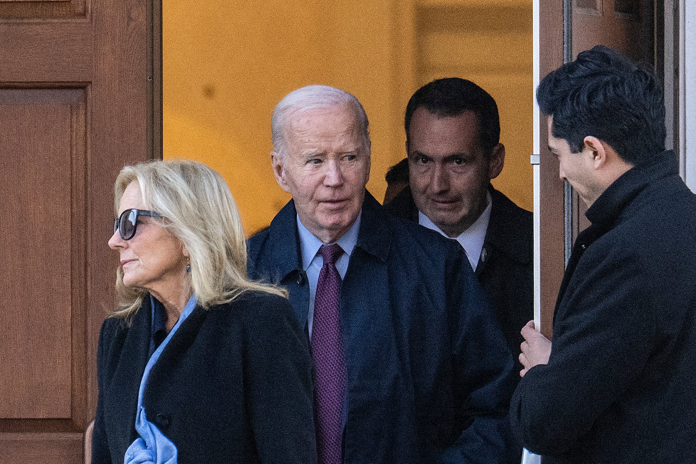 Joe Biden and Jill Biden depart St. Joseph on the Brandywine after a church service in Wilmington, Delaware, on December 18, 2024. Biden always has aides within earshot during his travels, according to a report