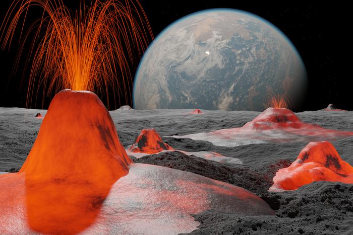 An artist's impression shows what the moon may have looked like during intense volcanic activity. This ‘remelting’ could be an explanation for when and how the moon formed, scientists said this week