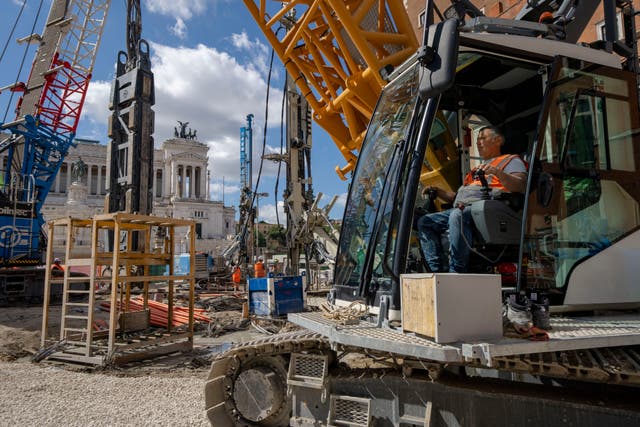 <p>A view of the construction site of the new 25.5-kilometer Metro C subway main hub in Piazza Venezia in central Rome </p>