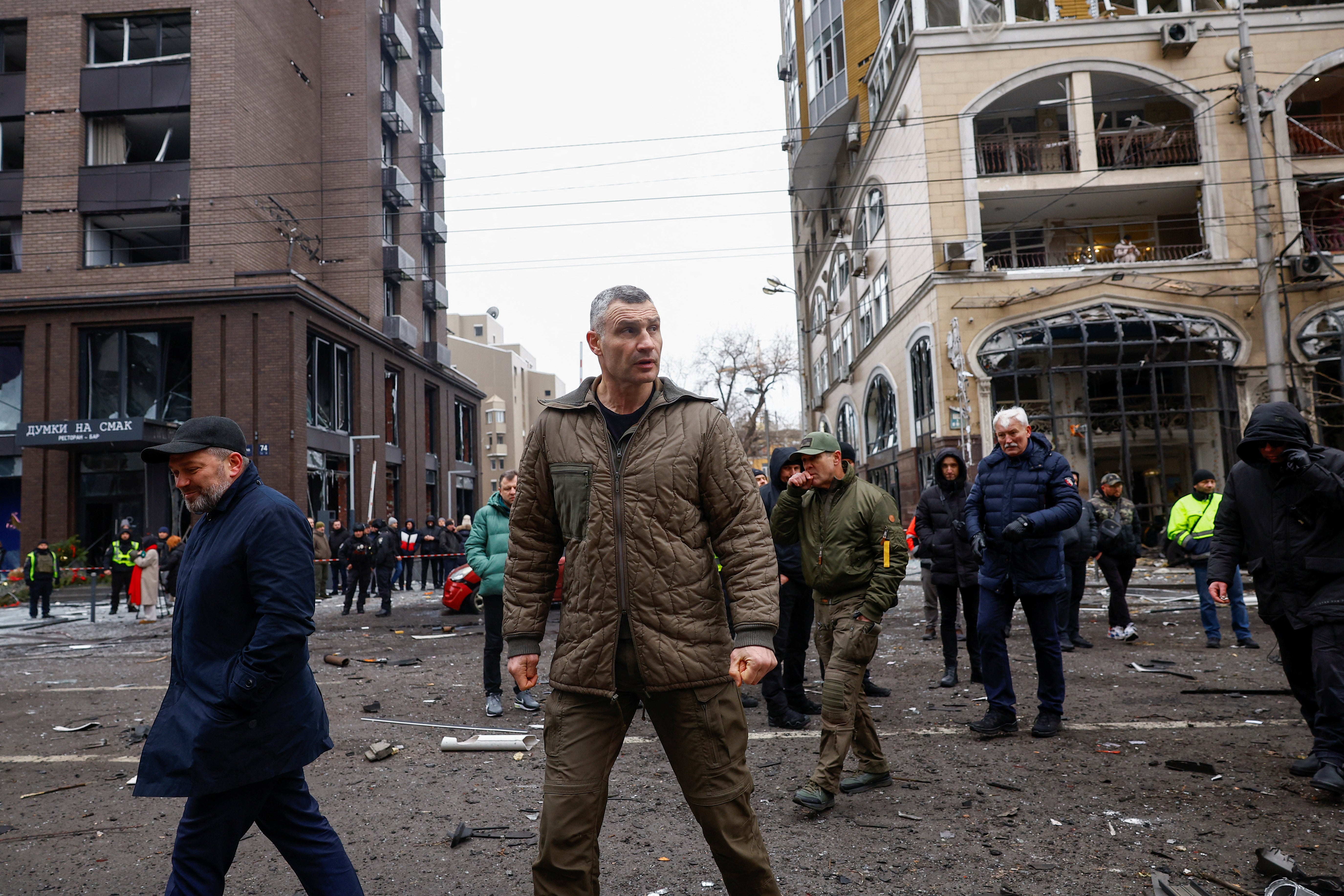 Kyiv Mayor Vitali Klitschko walks at the site of a Russian missile strike, amid Russia's attack on Ukraine, in central Kyiv, Ukraine