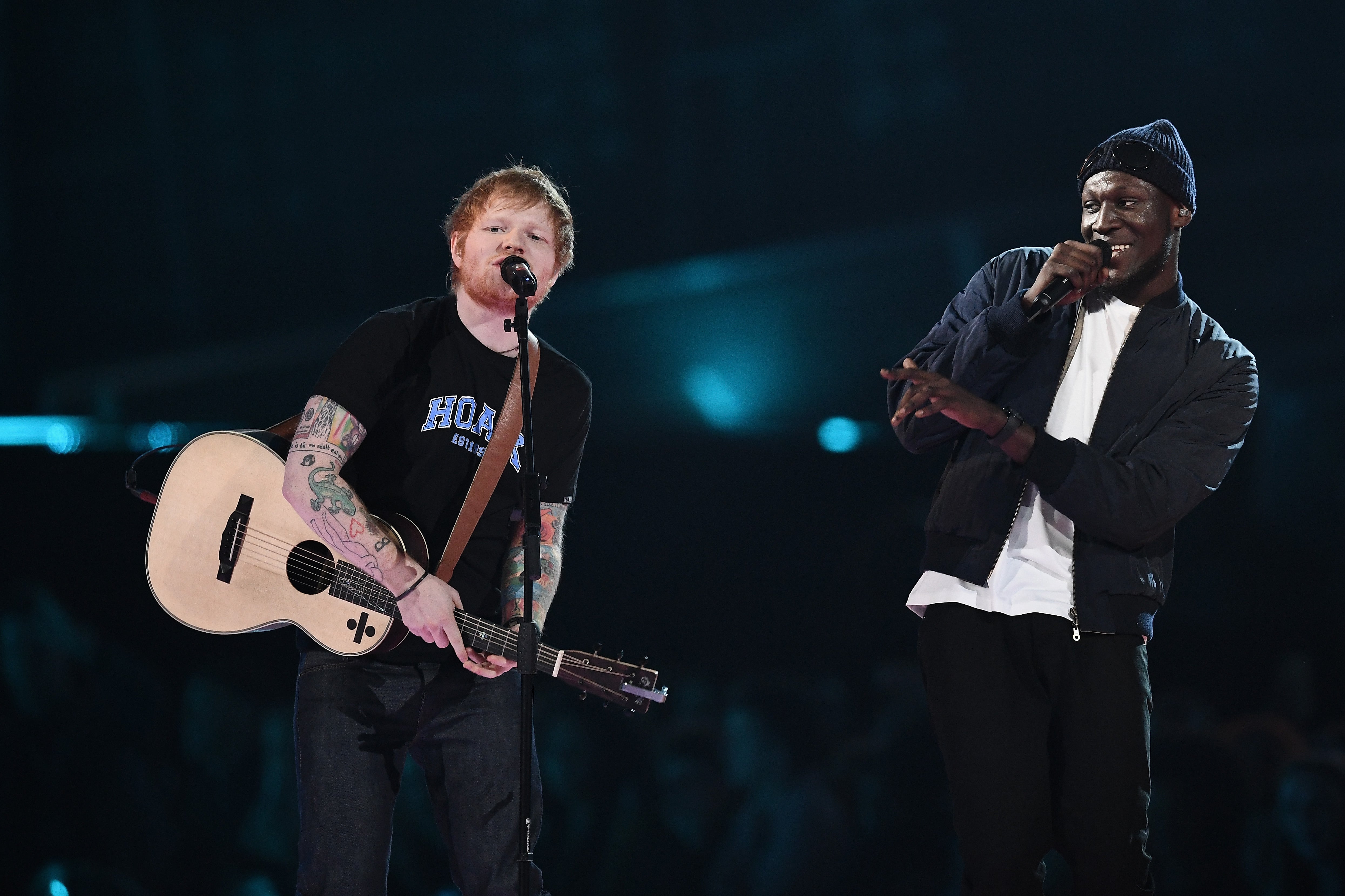 Ed Sheeran and Stormzy performing at the Brit Awards in 2017