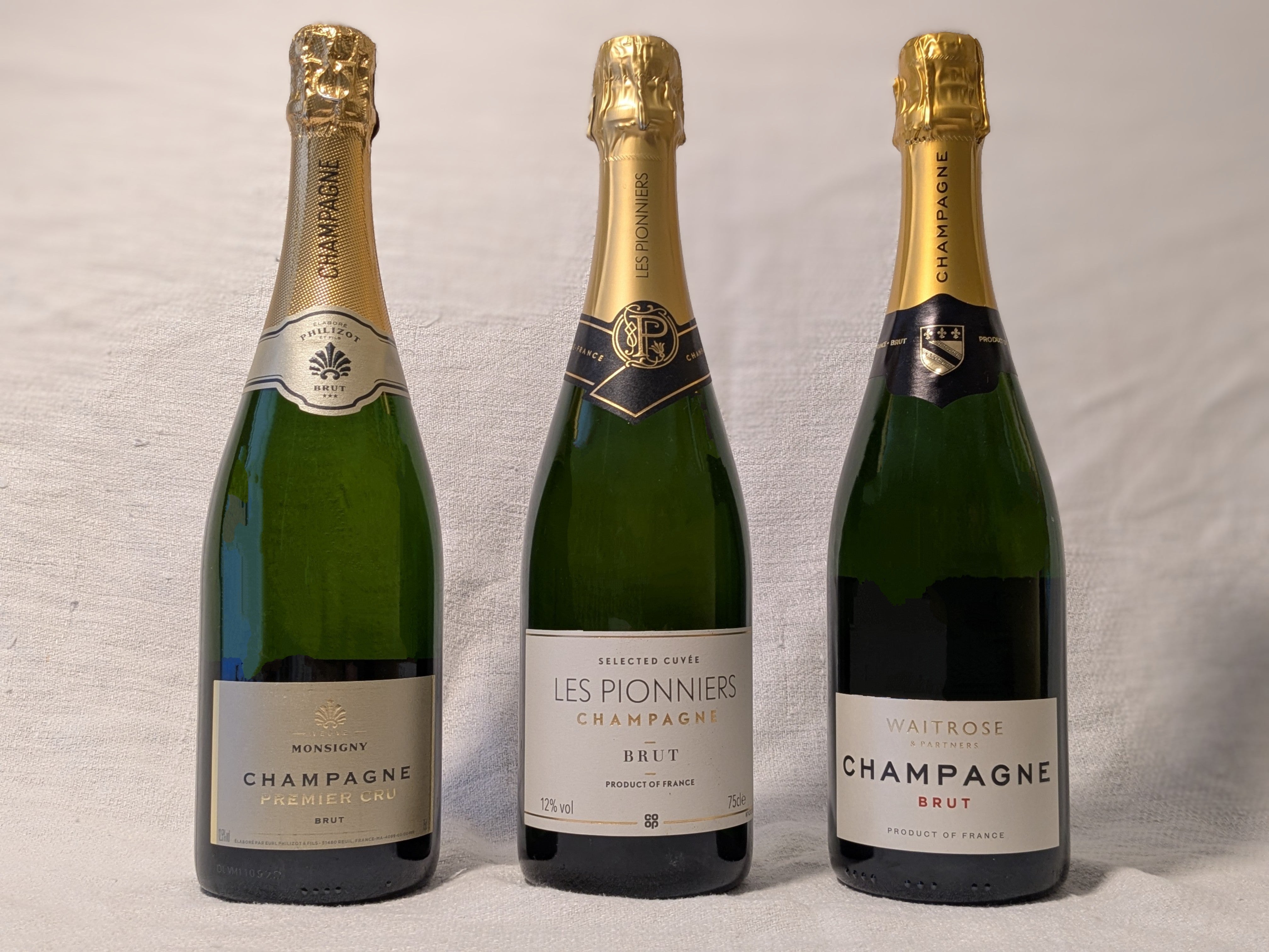 Veuve Monsigny Champagne Premier Cru Brut, Co-op Les Pionniers Champagne Brut and Waitrose Brut Champagne