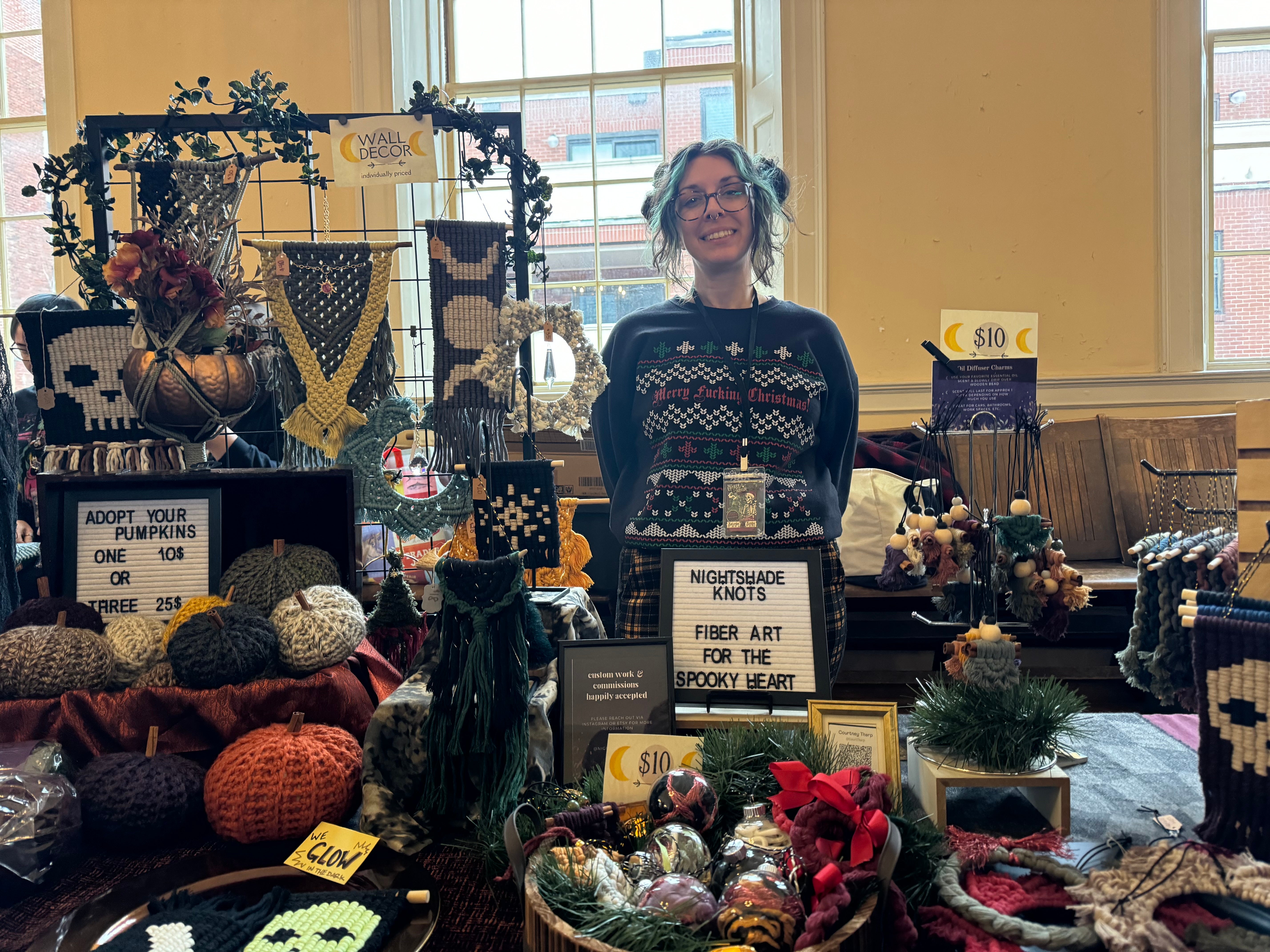 Courtney of Nightshade Knots displayd her decorations at the Grave Tidings Haunted Holiday Market in Salem Old Town Hall