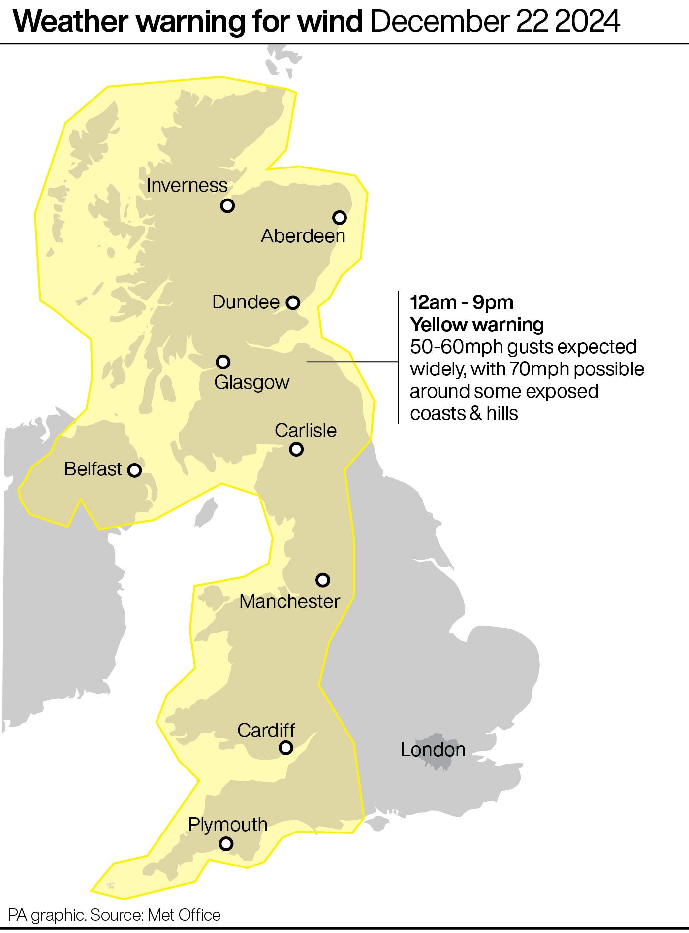 The yellow weather warning for wind covers Scotland, Wales and parts of England