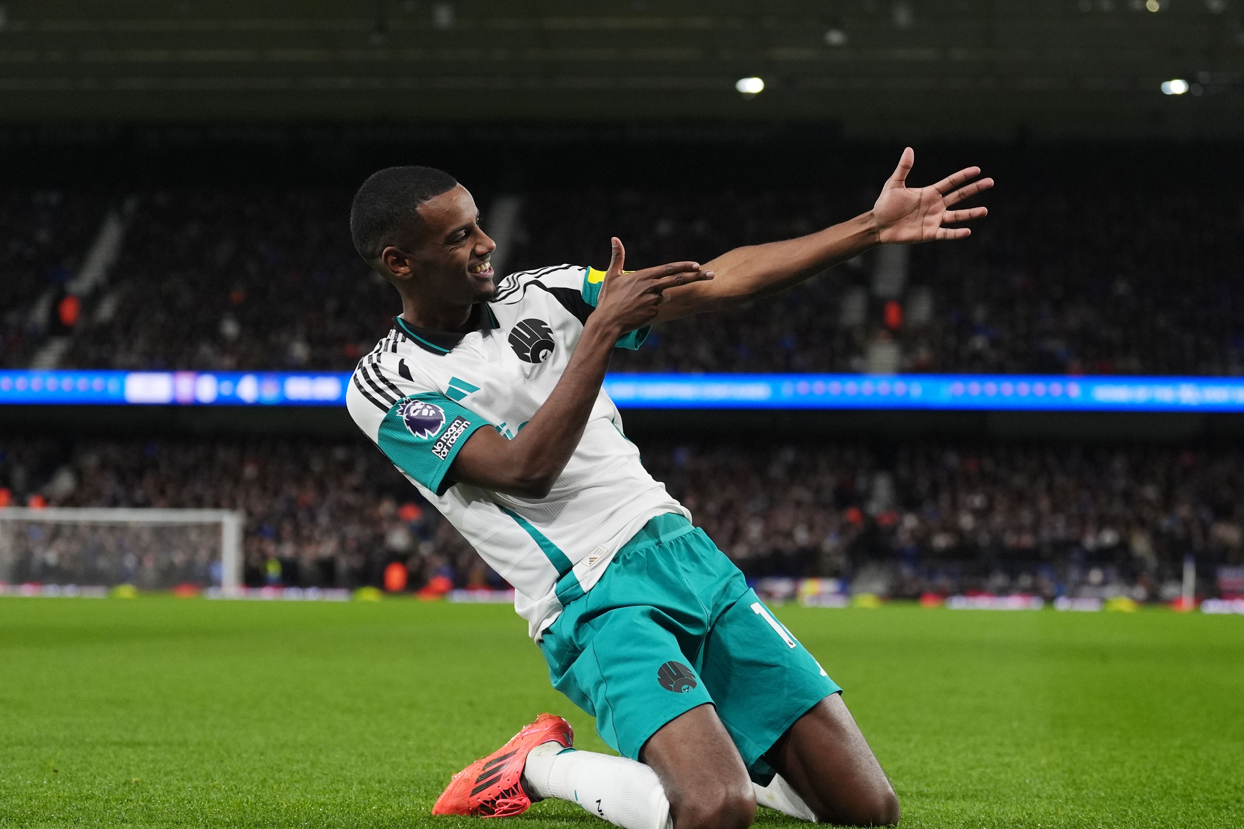 Alexander Isak celebrates scoring his first hat-trick for Newcastle in a 4-0 win at Ipswich