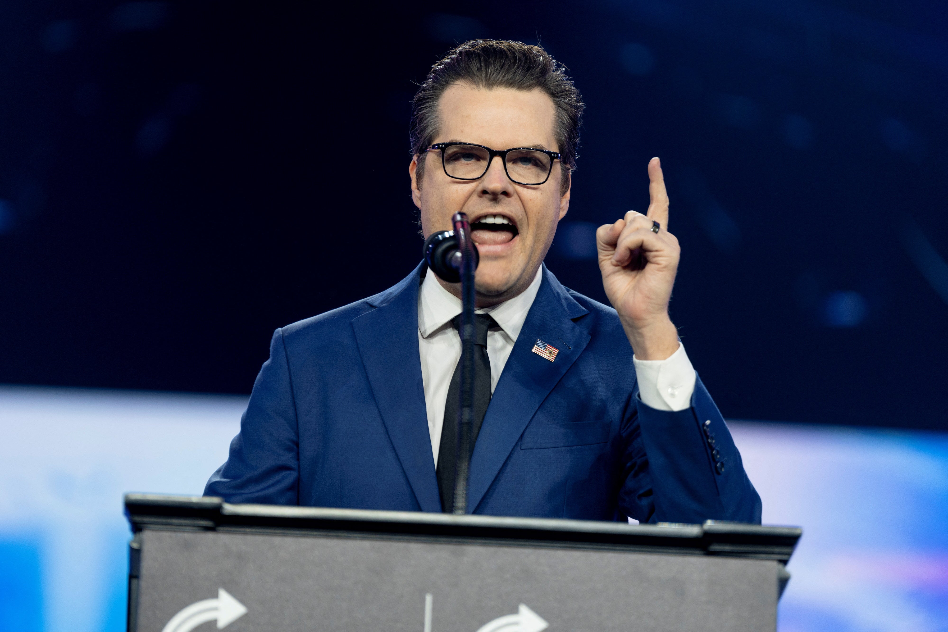 Former Rep. Matt Gaetz speaks Sunday ahead of an appearance by Donald Trump at the AmericaFest 2024 conference sponsored by conservative group Turning Point in Phoenix, Arizona.