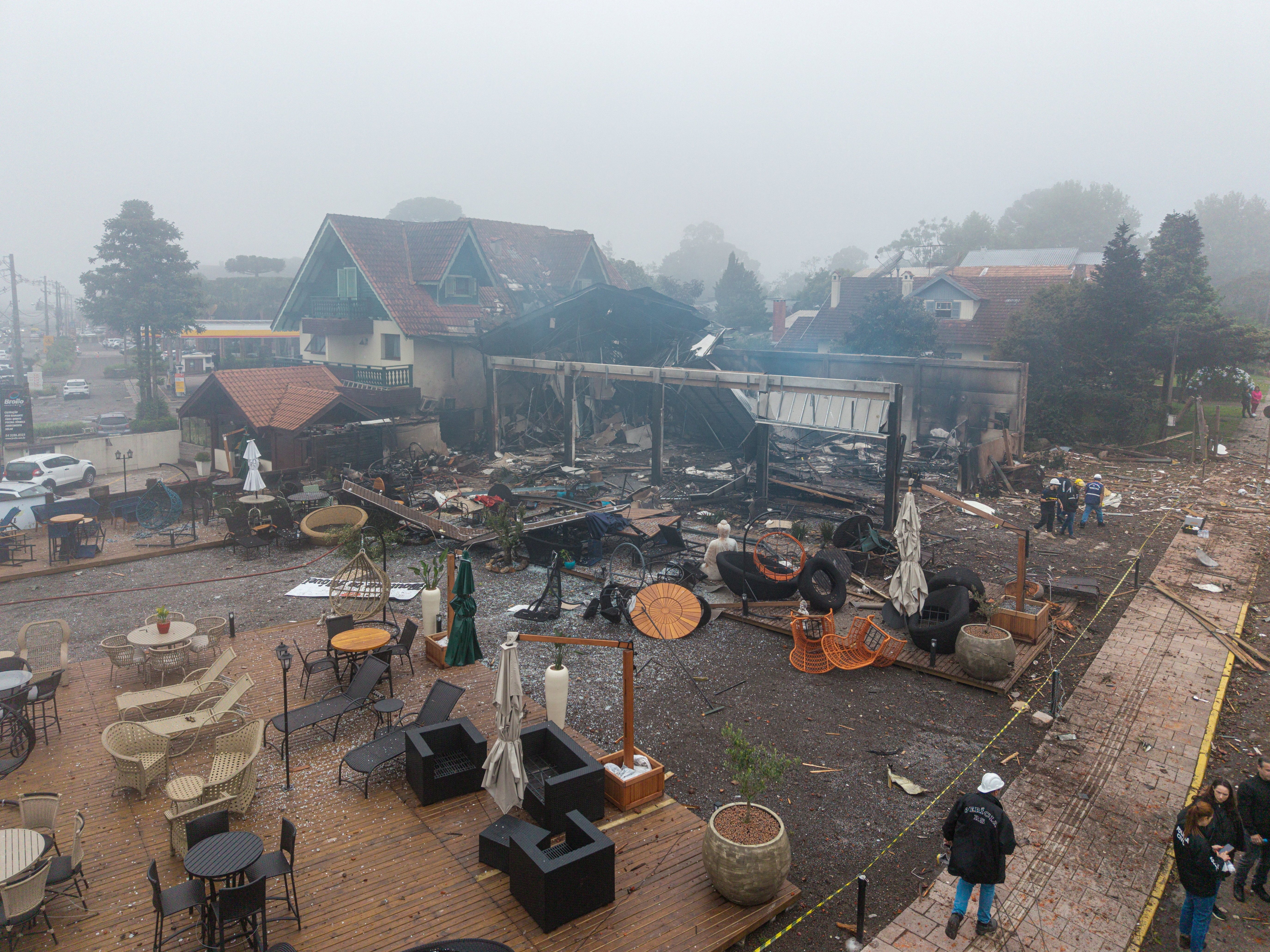 A drone view shows the site of a plane crash in the centre of Gramado, Rio Grande do Sul state