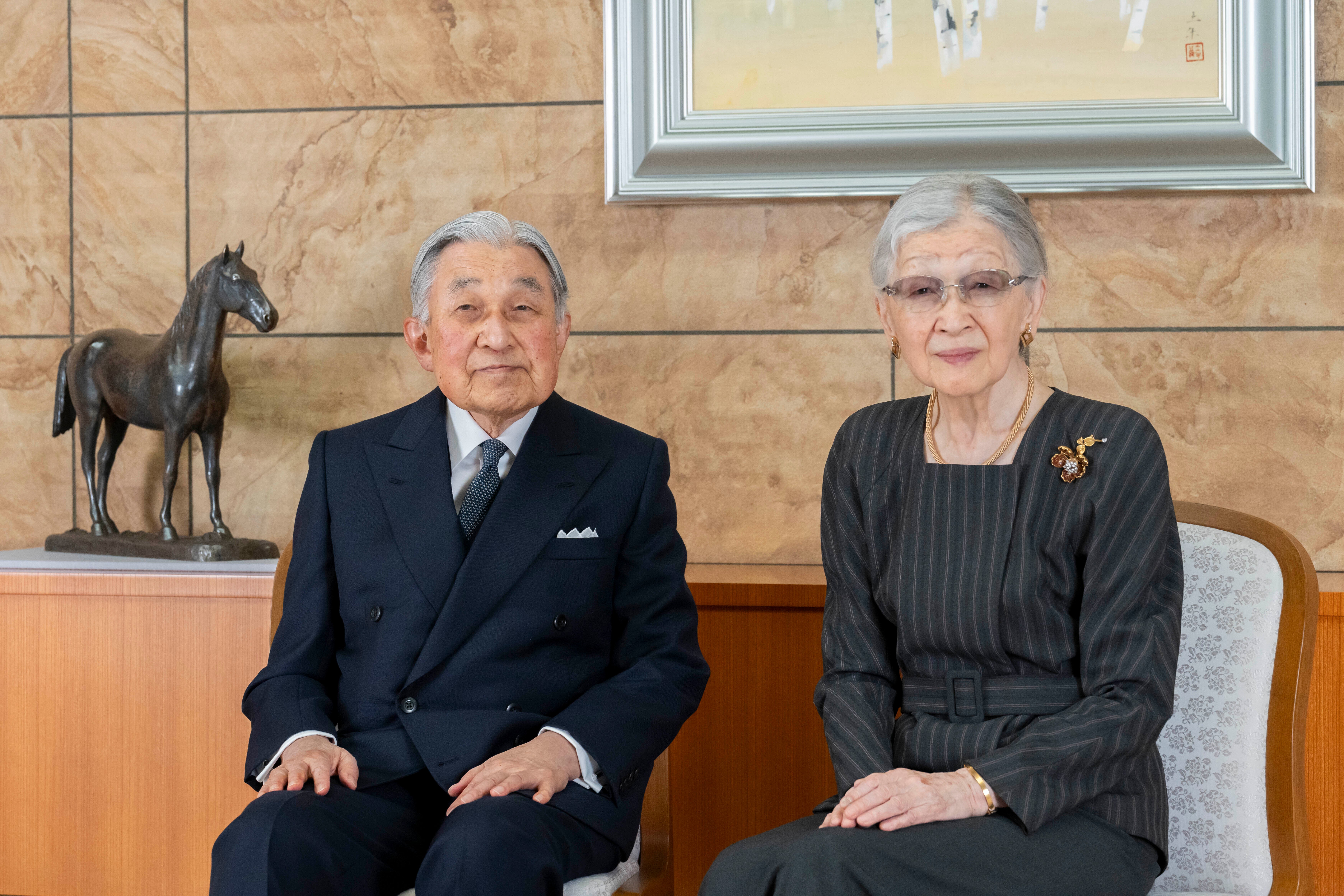 Japan’s former emperor Akihito, left, and former empress Michiko at their residence in Tokyo