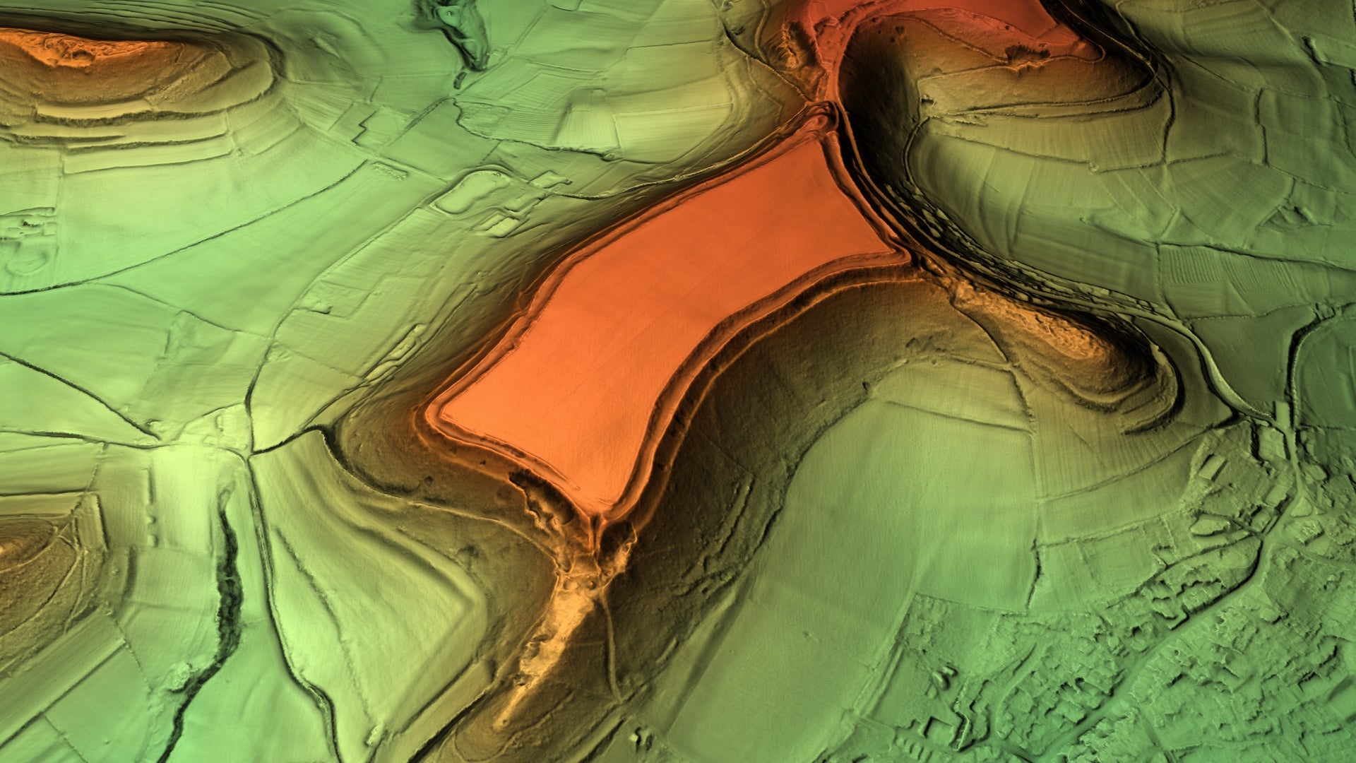 Digital terrain model of the Iron Age town, located adjacent to the site of the Late Iron Age shrine and Romano-British temple. The town's earthwork ramparts still survive - but are today largely obscured by trees.