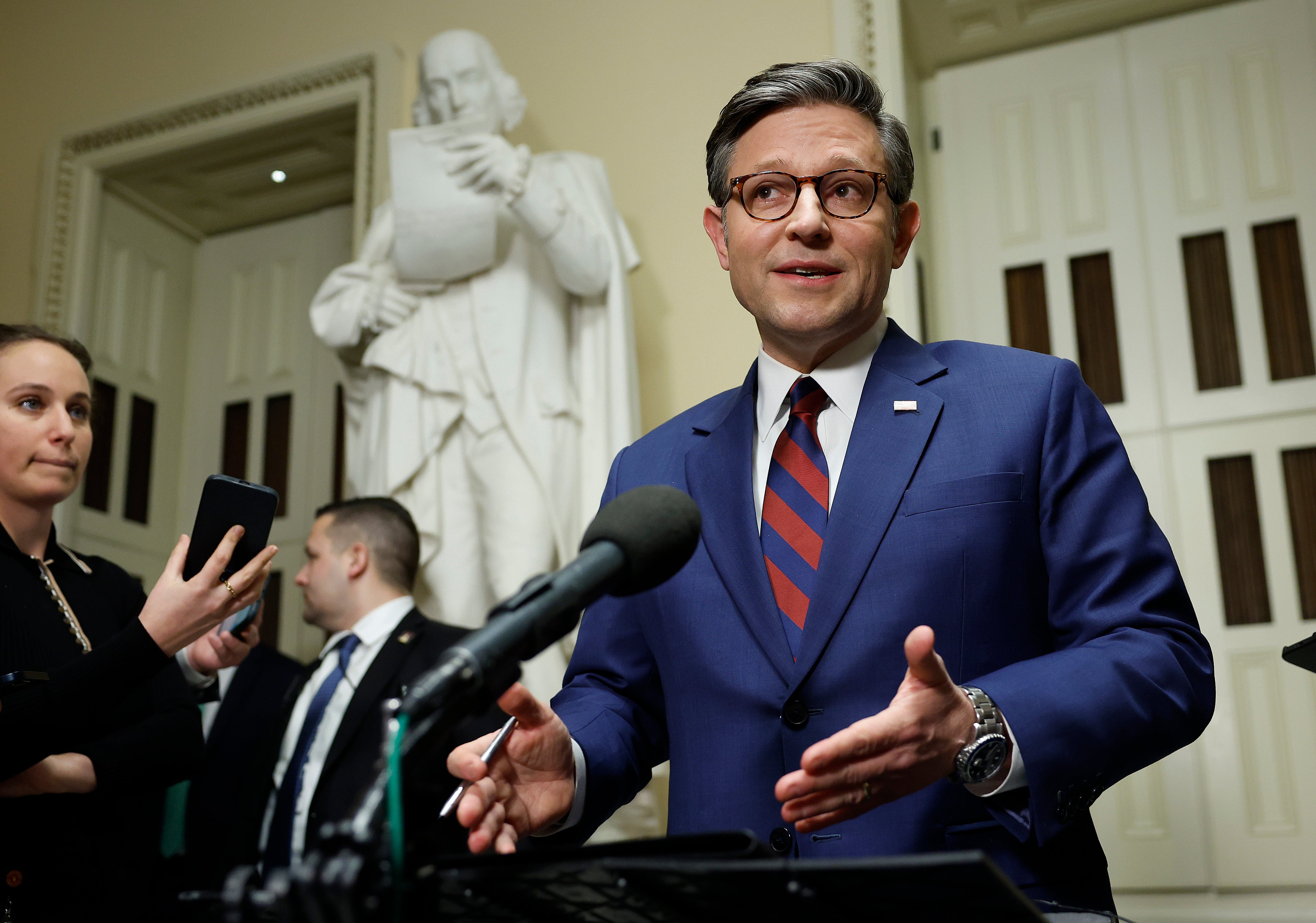 U.S. Speaker of the House Mike Johnson (R-LA) speaks to reporters outside of the House Chambers in the U.S. Capitol on December 19, 2024 in Washington, DC. He’s facing an uncertain future as the trust between the speaker and House Democrats appears broken