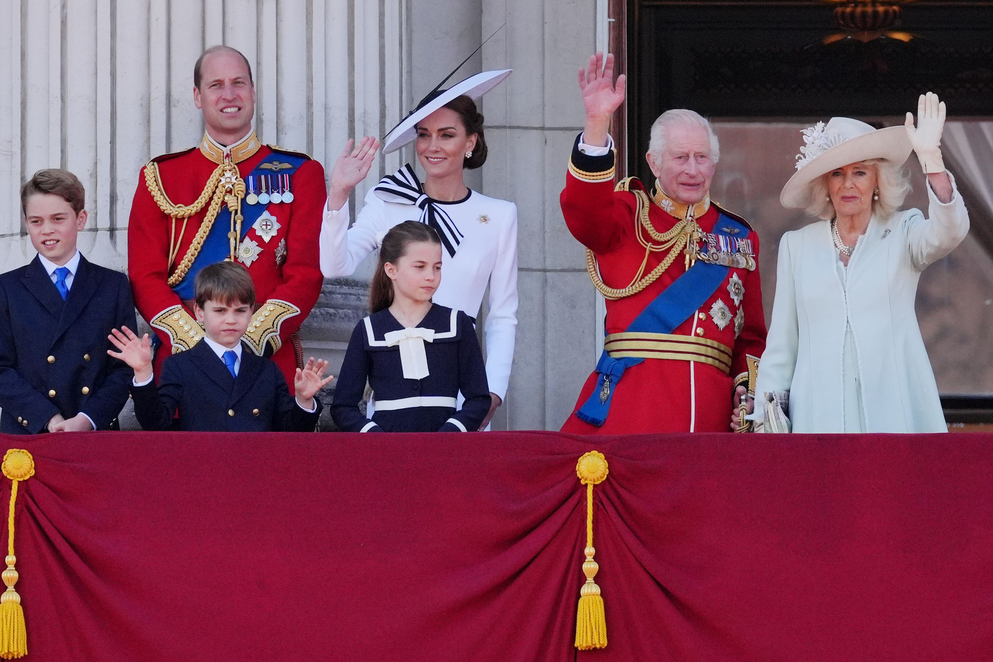 Prince George, the Prince of Wales, Prince Louis, the Princess of Wales, Princess Charlotte, and the King and Queen on the balcony of Buckingham Palace in June (Jonathan Brady/PA)