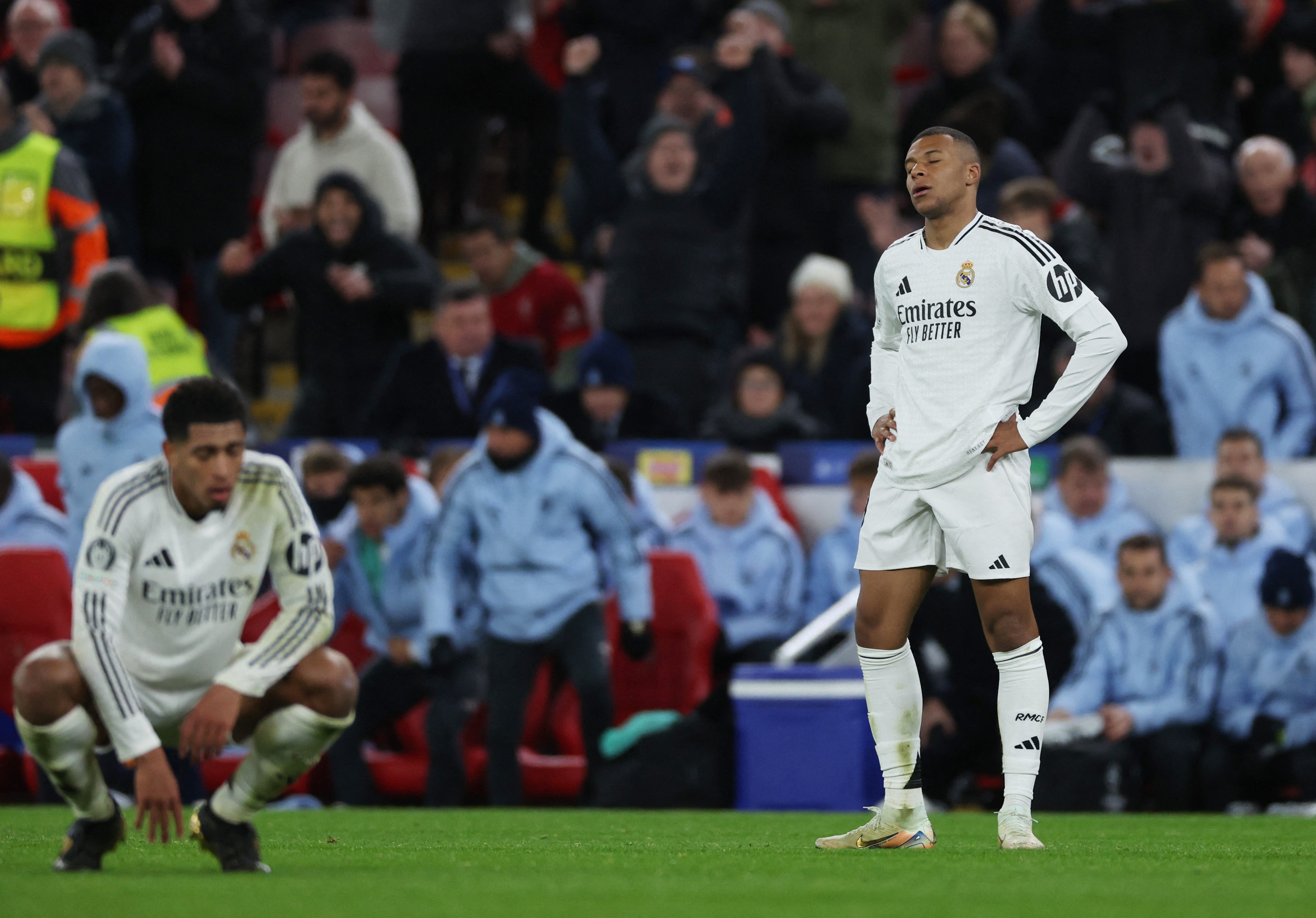 Real Madrid’s Jude Bellingham and Kylian Mbappe look dejected against Liverpool