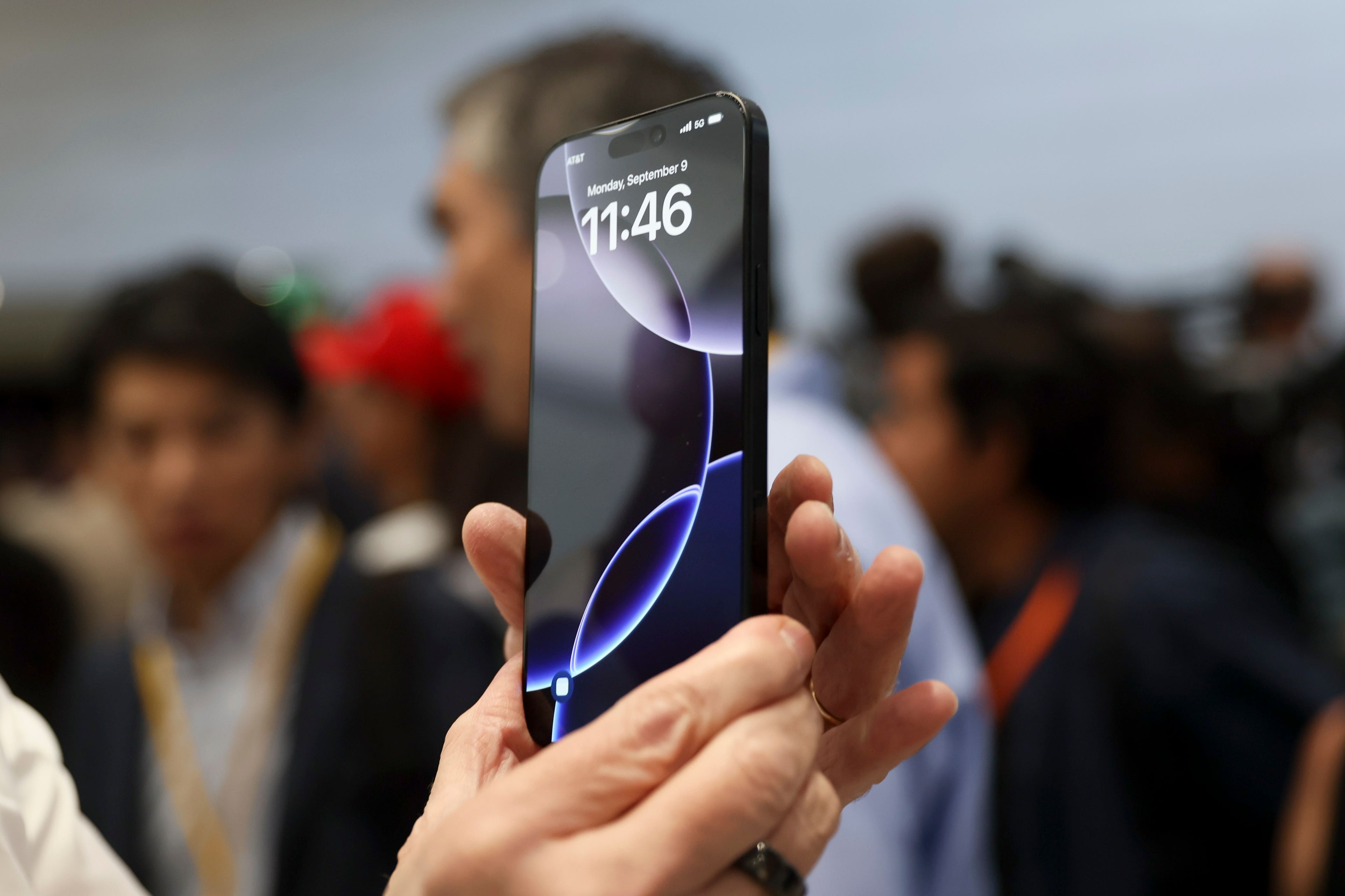 The new iPhone 16 is displayed during an announcement of new products at Apple headquarters in California (Juliana Yamada/PA)