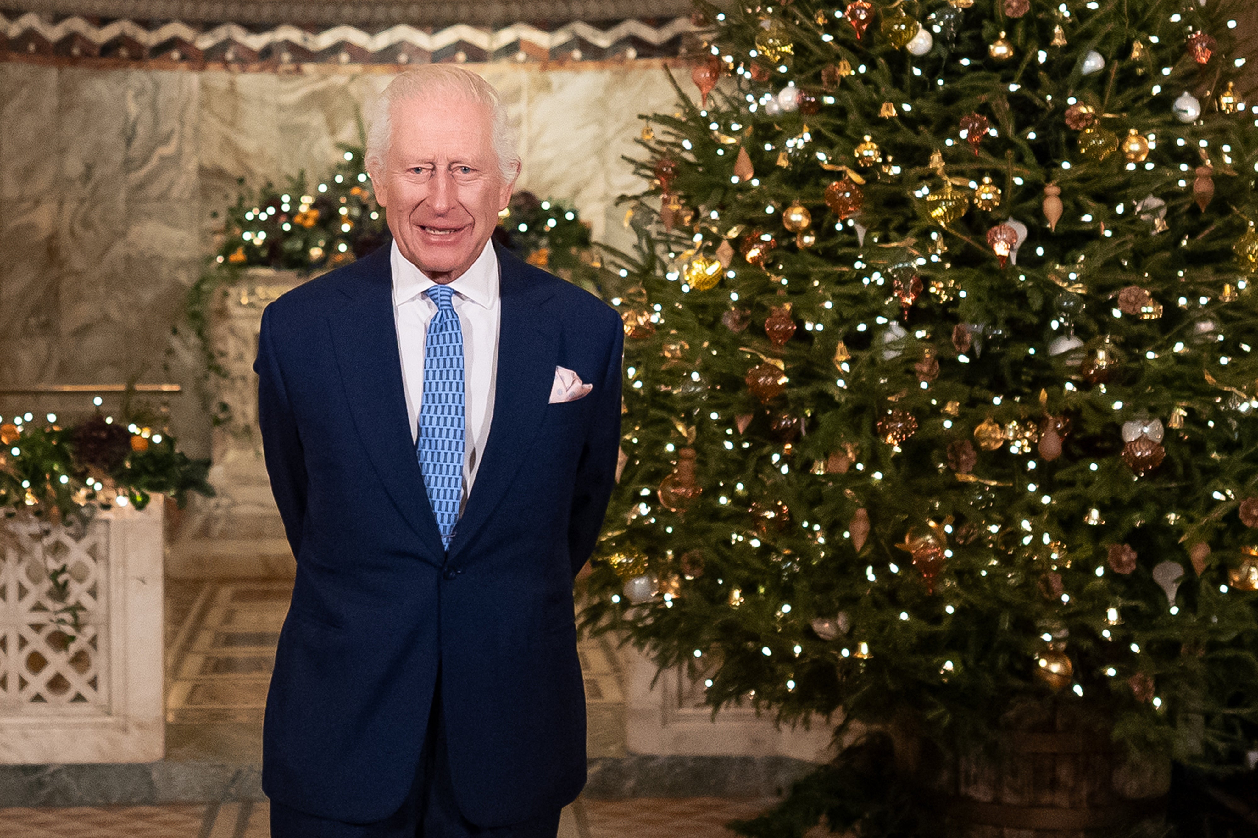 King Charles III records his Christmas message at the Fitzrovia Chapel