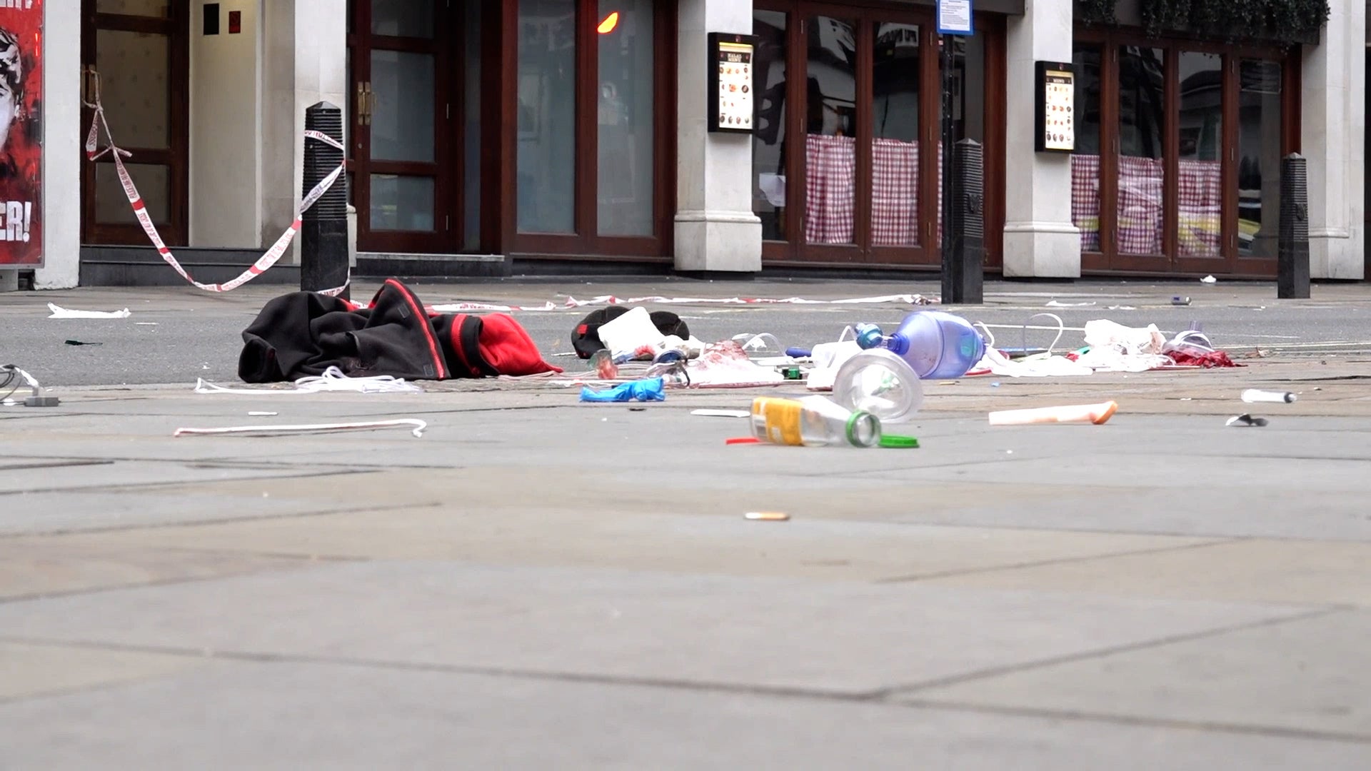 The scene on Shaftesbury Avenue in central London after four people were injured, one seriously, by a car