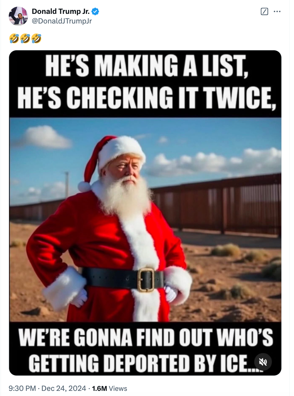 Donald Trump Jr posted a meme of Trump at the border on Christmas Eve