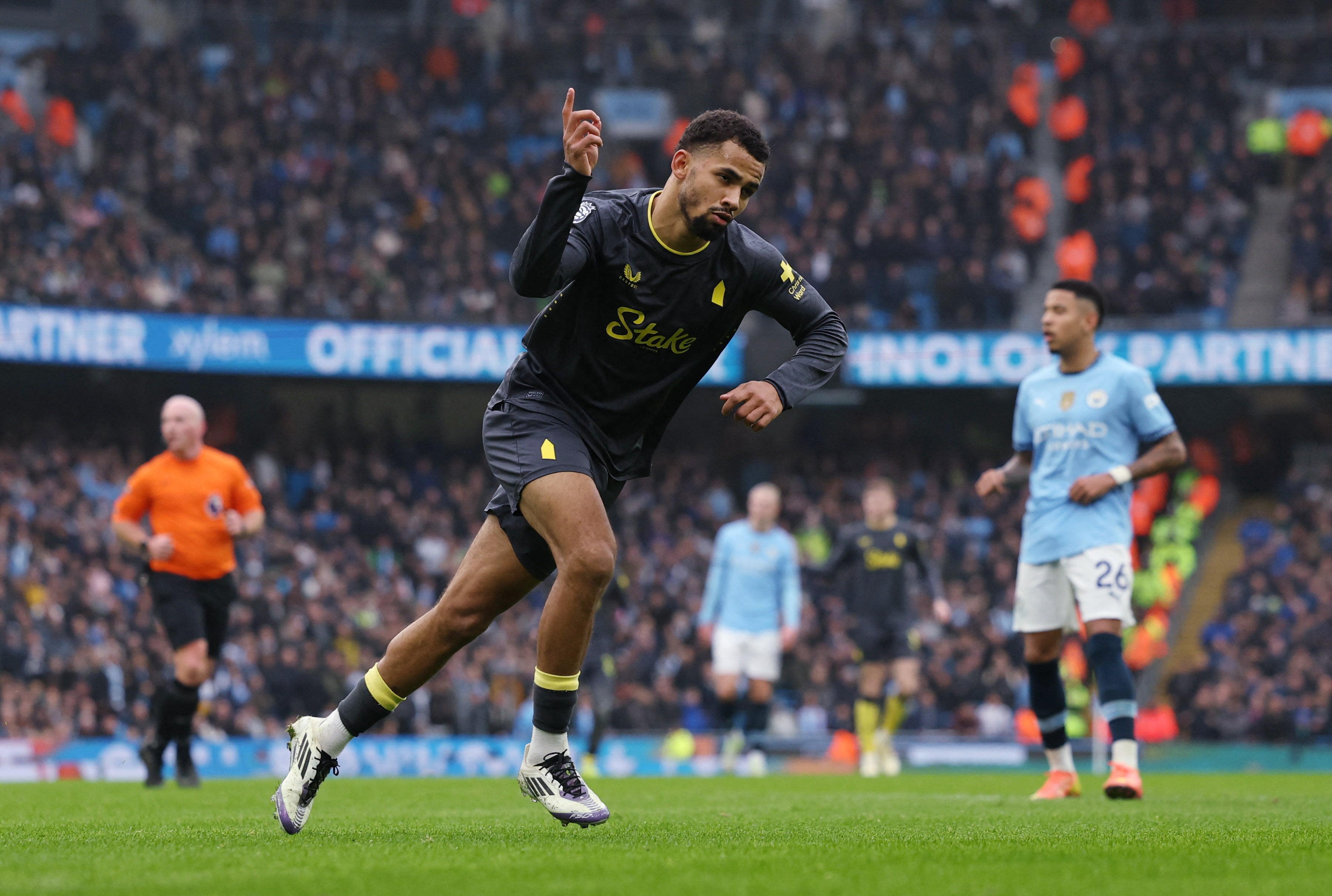 Iliman Ndiaye wheels away after scoring his stunning equaliser for Everton