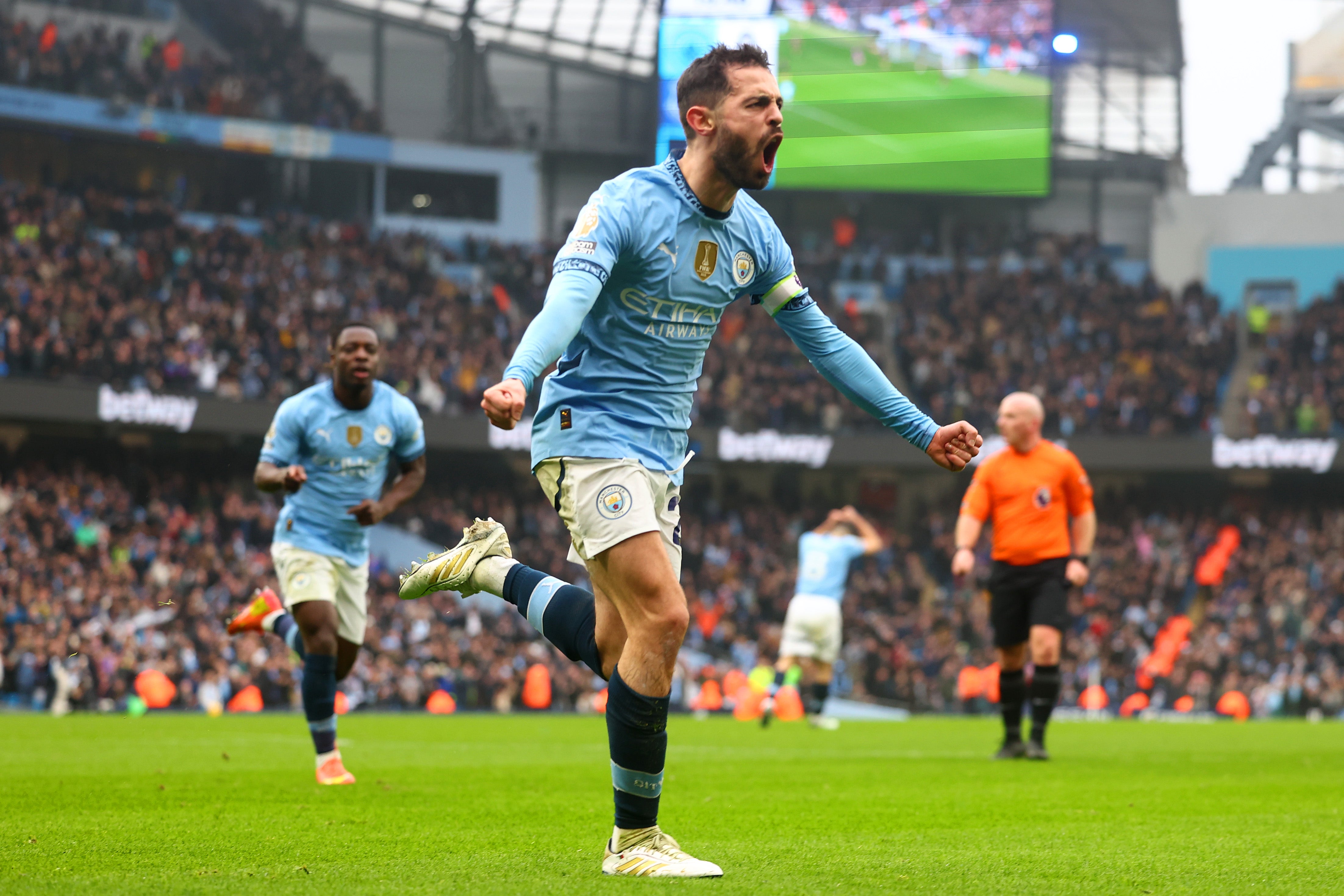 Bernardo Silva celebrates after putting City in front at the Etihad