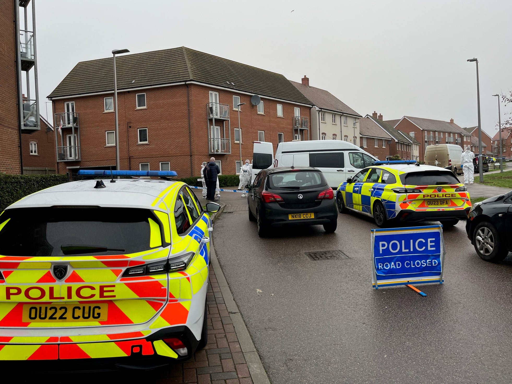 Police cars at the scene after two women died and a man and a teenage boy suffered serious injuries following reports of a stabbing on Christmas Day