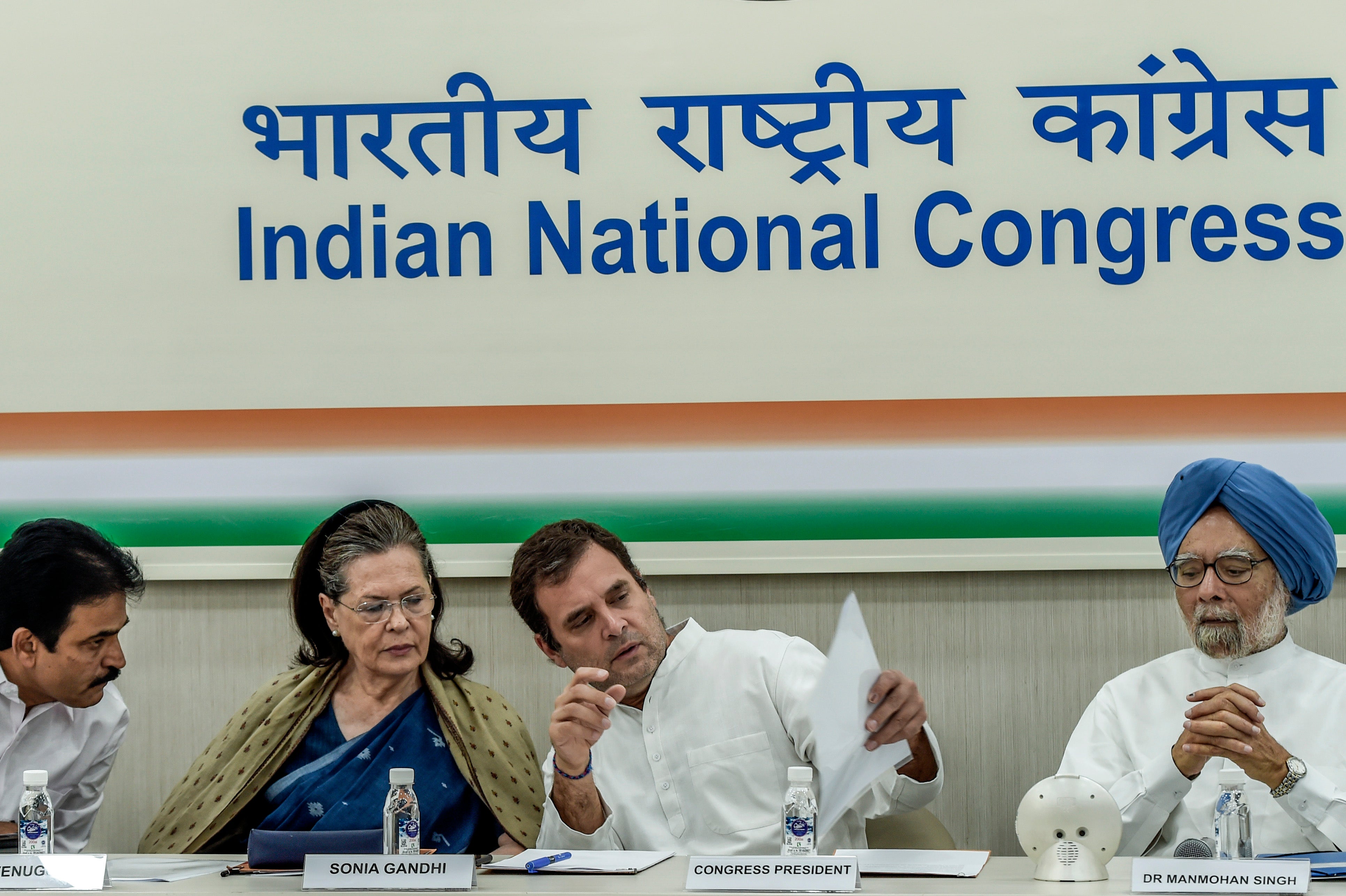 Sonia Gandhi, Rahul Gandhi and former prime minister Manmohan Singh at the Congress party headquarters