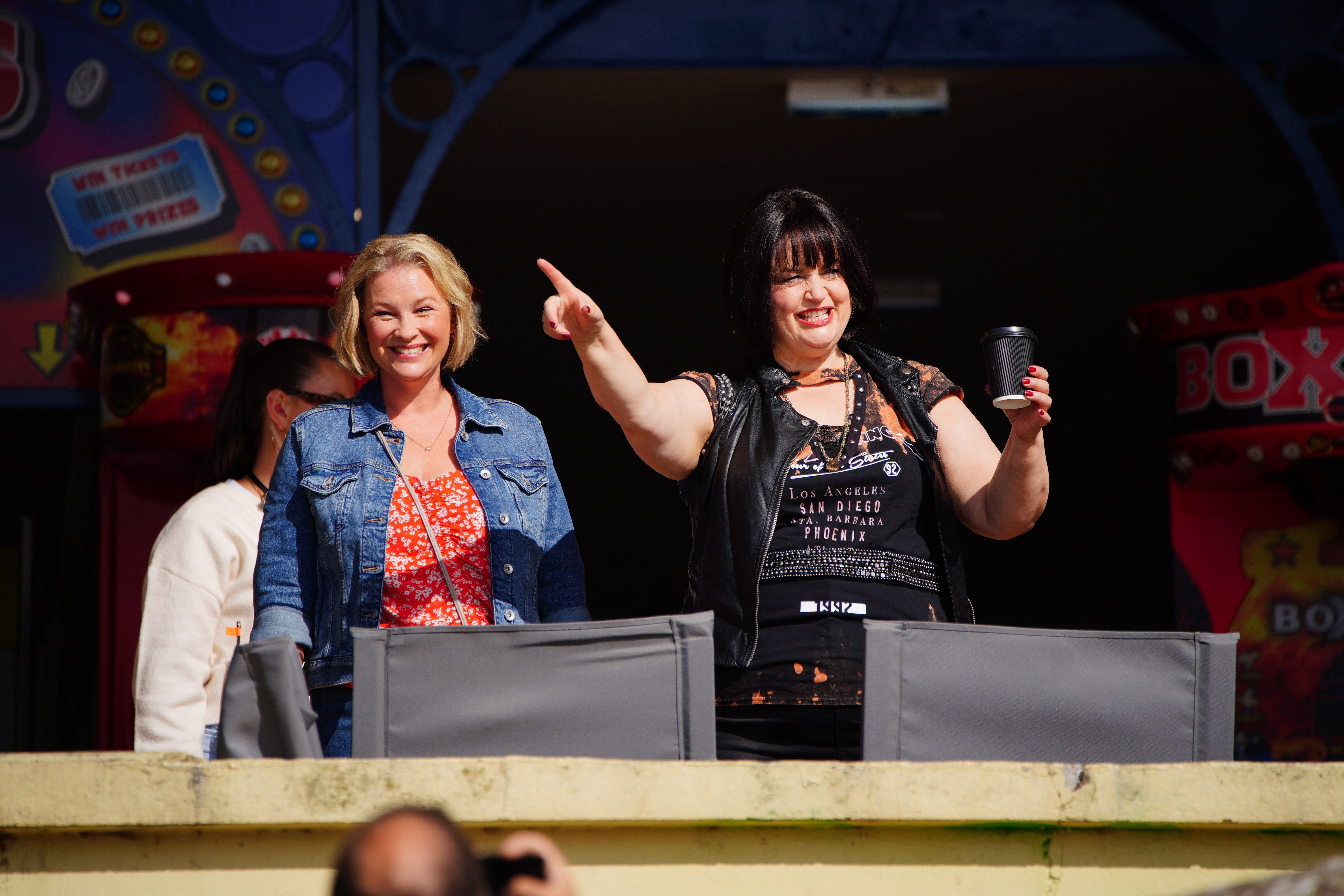 Joanna Page, who plays Stacey Shipman (left) and Ruth Jones, who plays Nessa Jenkins, during filming for the Gavin And Stacey Christmas Day special at Barry in the Vale of Glamorgan