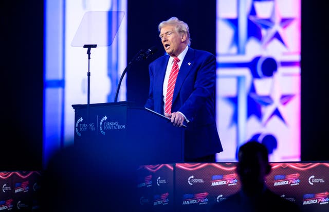 <p>President-elect Donald Trump speaks during Turning Point's annual AmericaFest 2024 in Phoenix, Arizona</p>