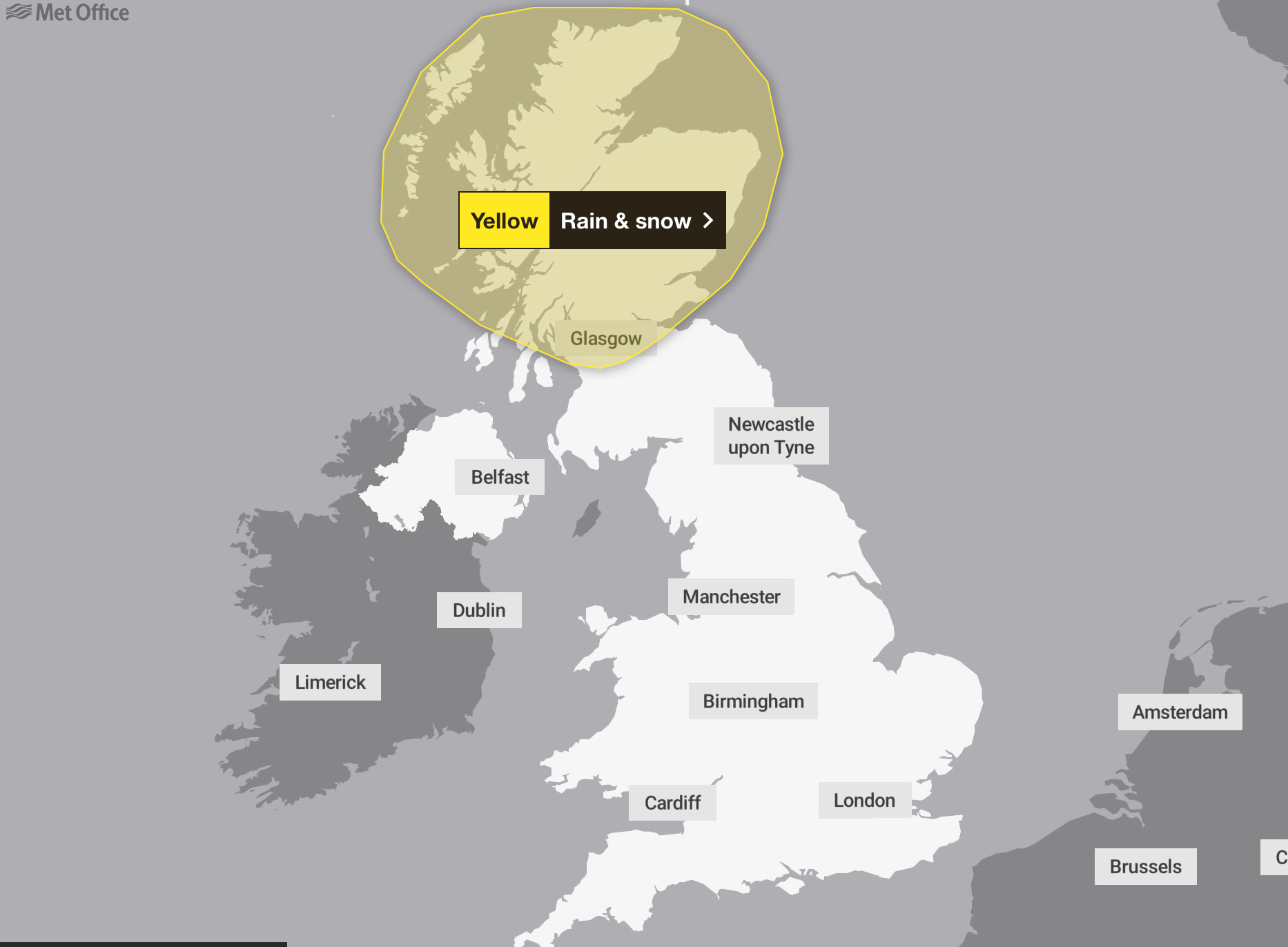 The yellow warning covers large parts of Scotland, including Glasgow, Edinburgh, Perth, Inverness and Aberdeen