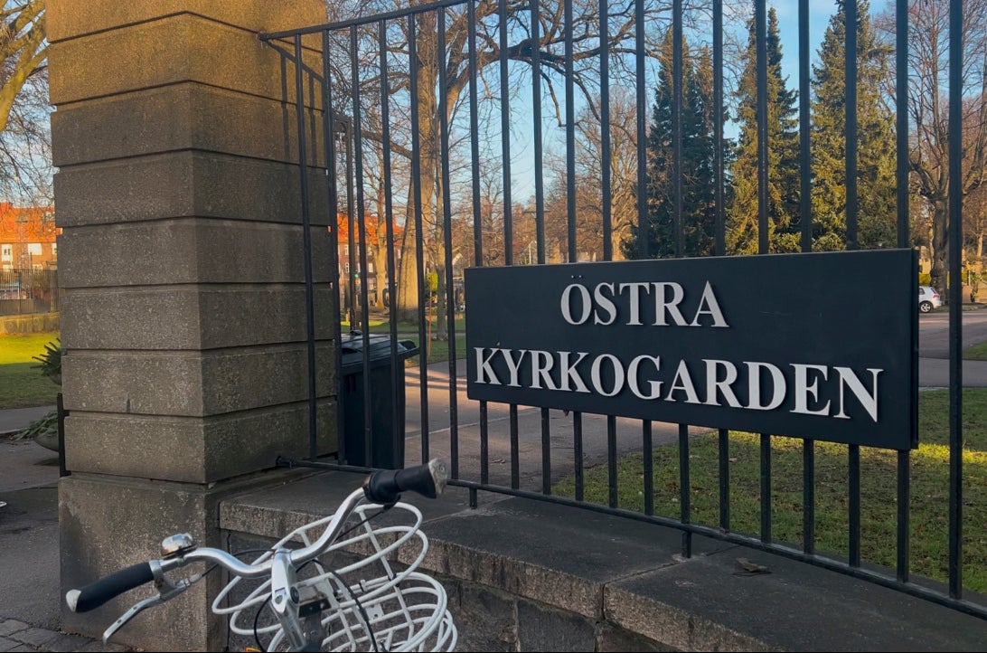 A view of the entrance sign at Östra Kyrkogården, one of the largest cemeteries in Gothenburg