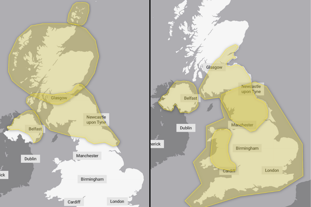 Yellow weather warnings across the UK on 31 December (L) and 1 January (R)