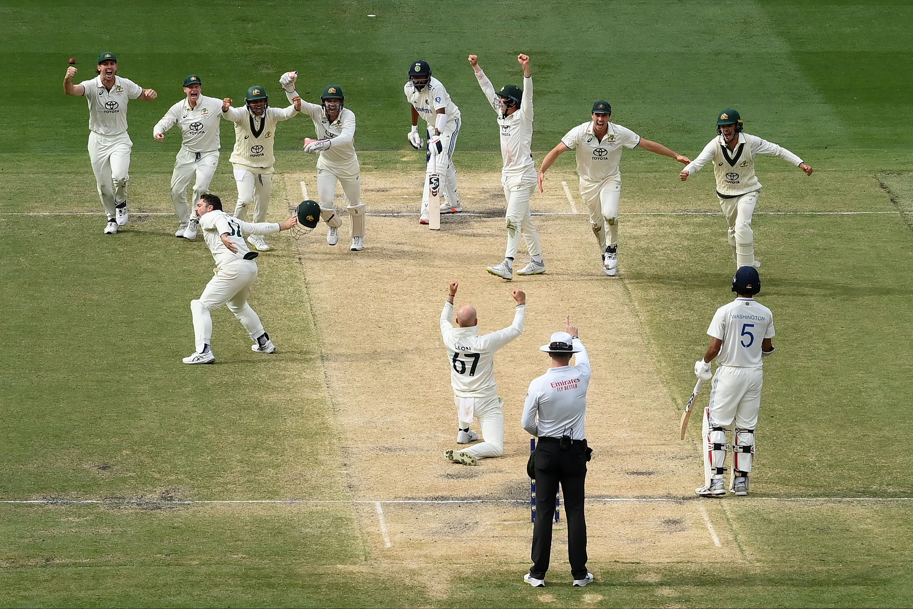 Nathan Lyon took the final wicket as India crumbled in the final session in Melbourne