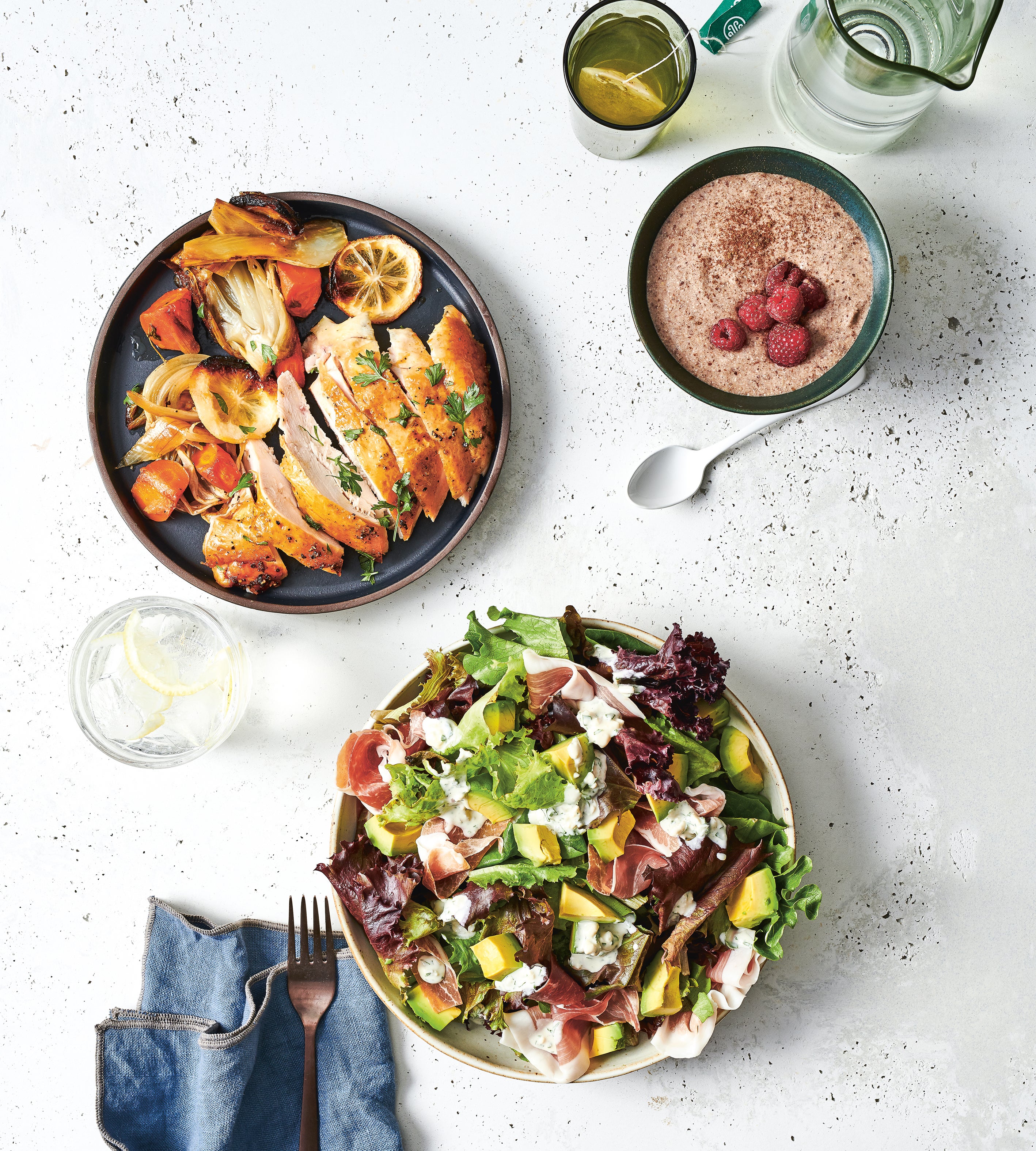 Day one of your keto journey begins with comforting cinnamon porridge, a fresh and vibrant avocado salad and a succulent roast chicken dinner that sets you up for the rest of the week