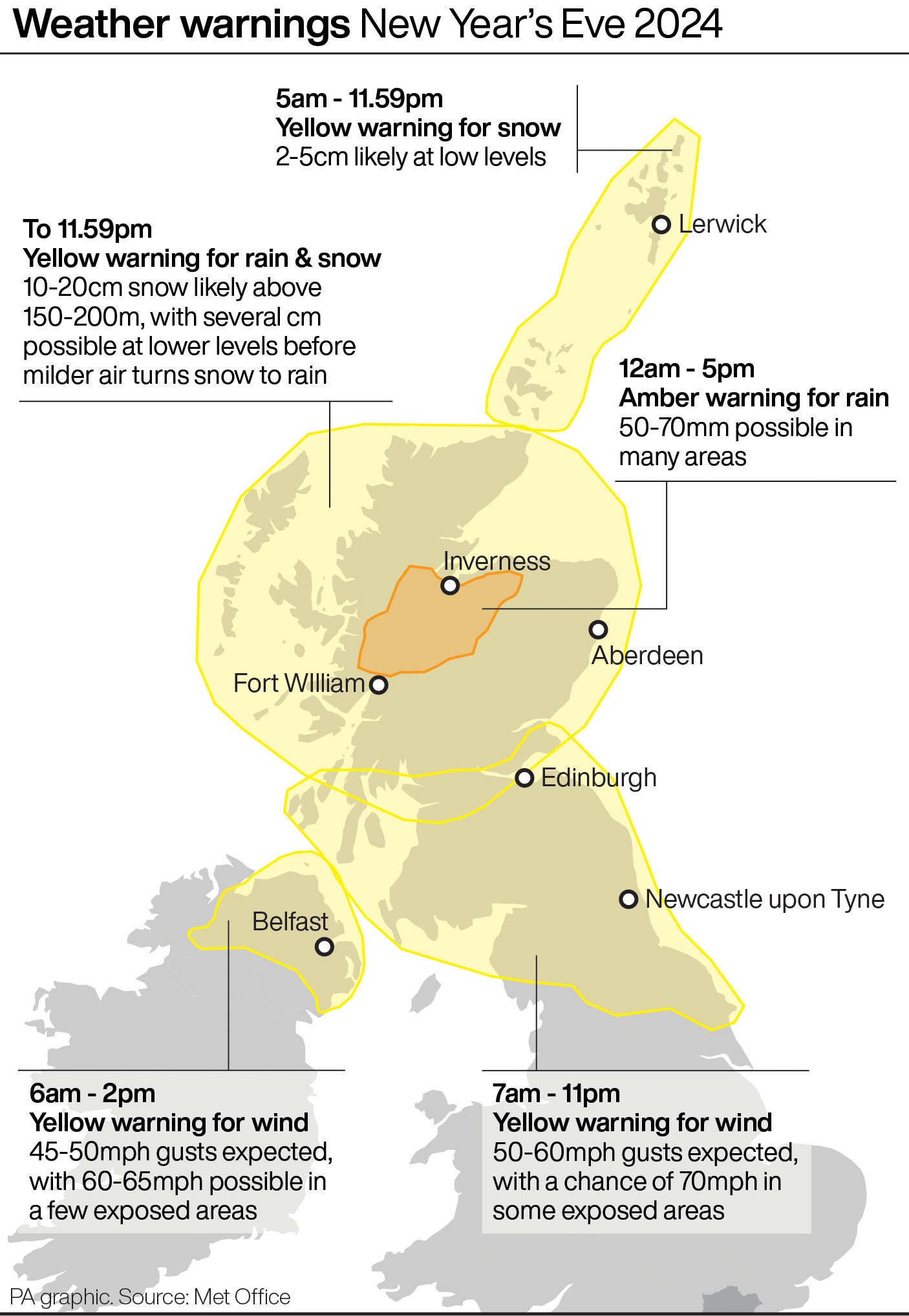 A map highlighting parts of the UK affected by the weather warnings on New Year's Eve