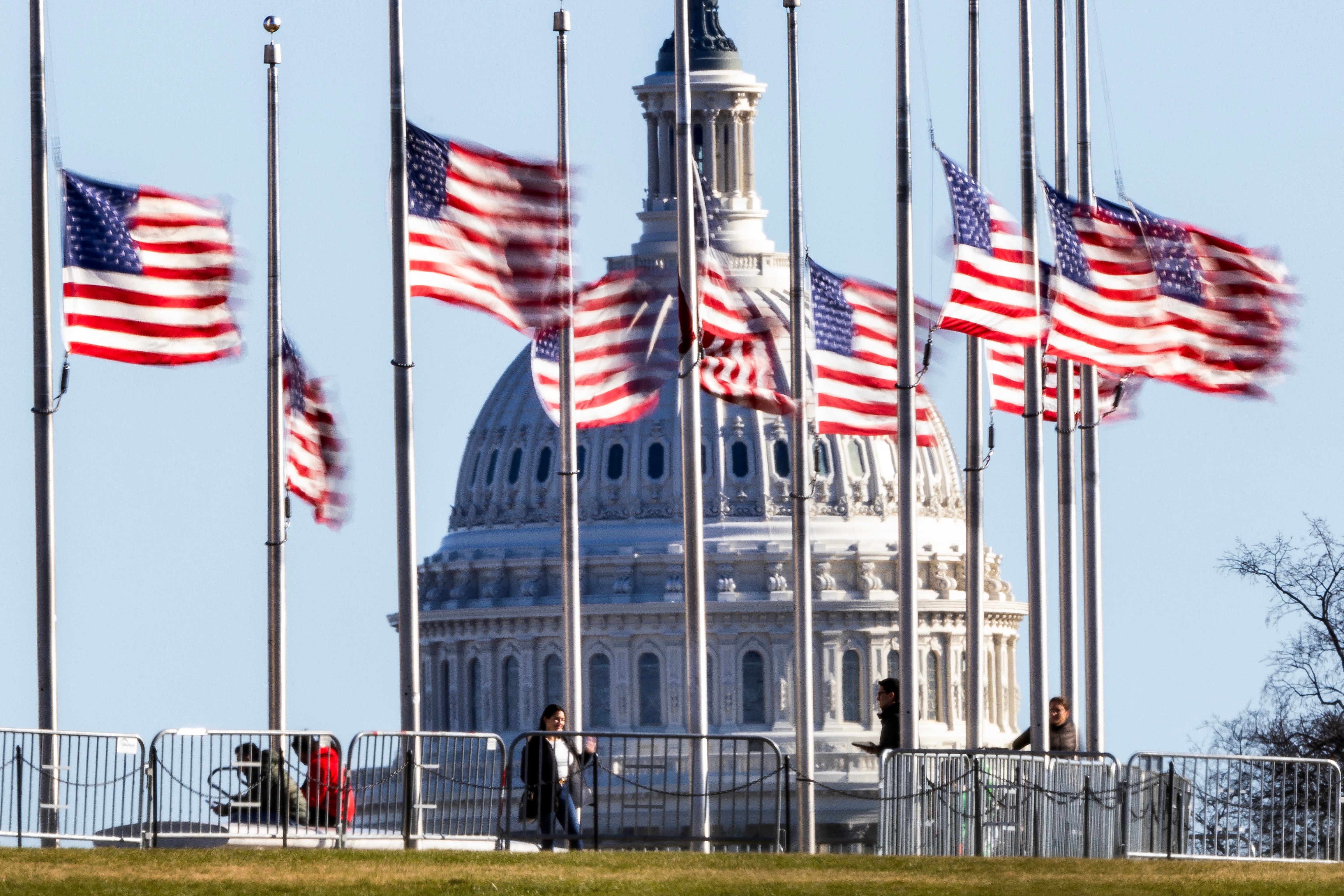 American flags, backdropped by the U.S. Capitol, fly at half-staff following the death of former President Jimmy Carter, in Washington, DC