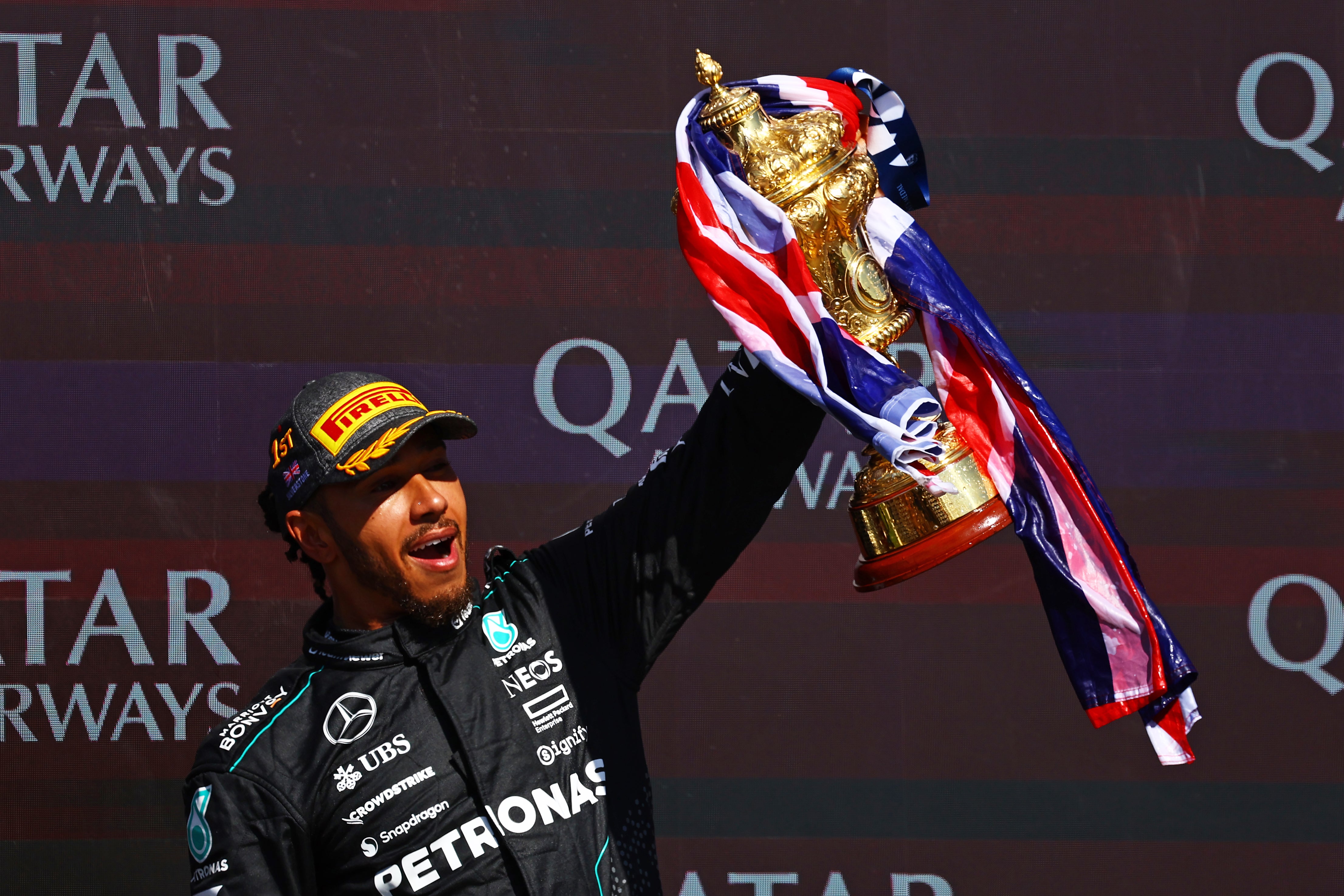 Lewis Hamilton celebrates his British GP victory in July