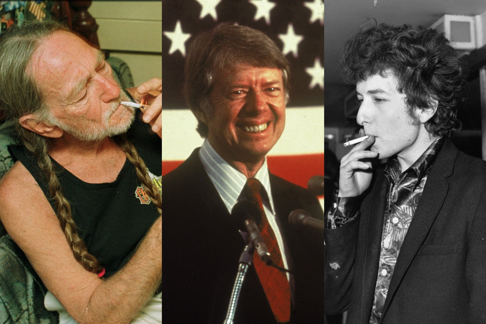 Jimmy Carter (centre) counted Willie Nelson (left) and Bob Dylan (right) as close friends