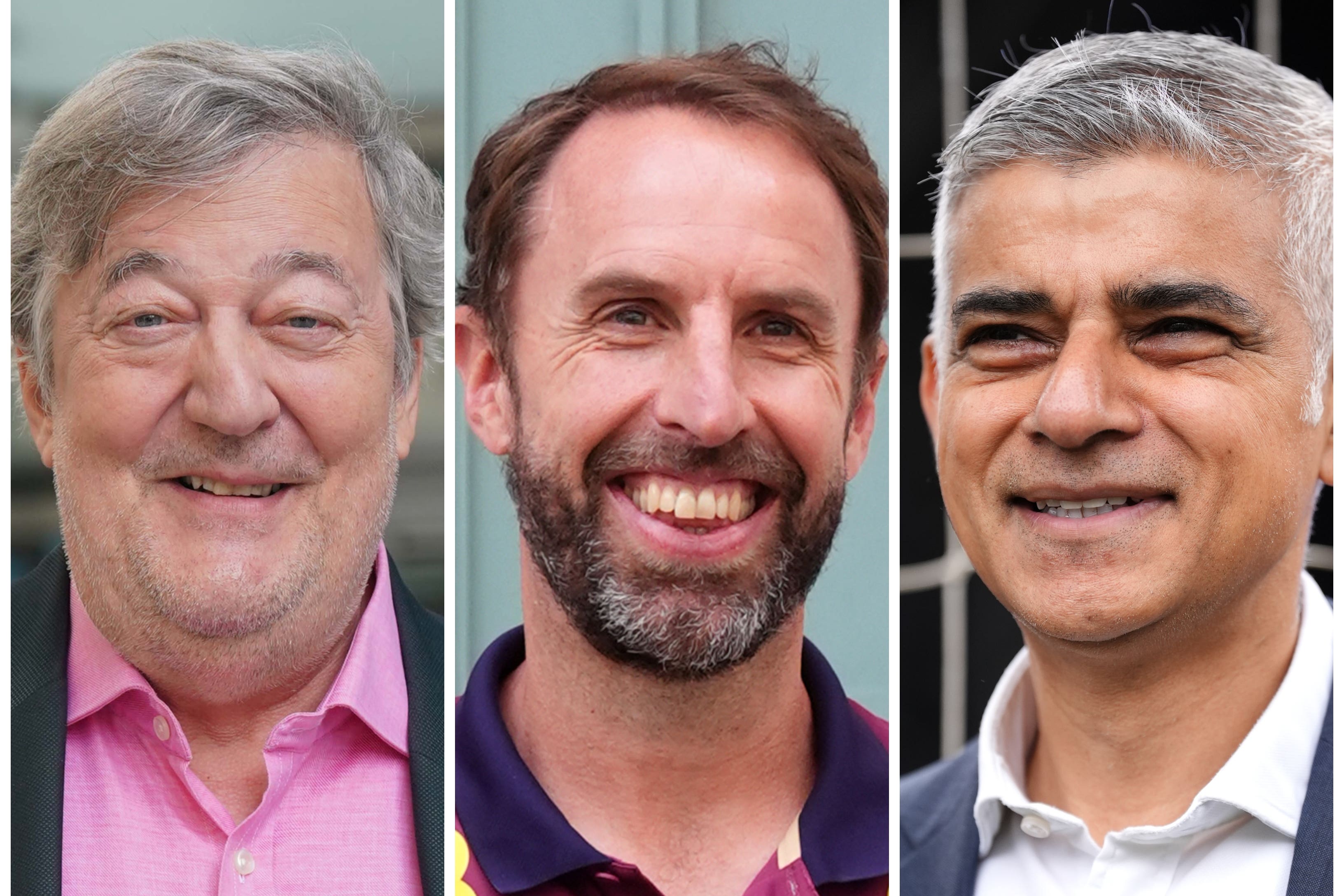 Actor Stephen Fry, former England manager Gareth Southgate and London mayor Sadiq Khan have been knighted (PA)