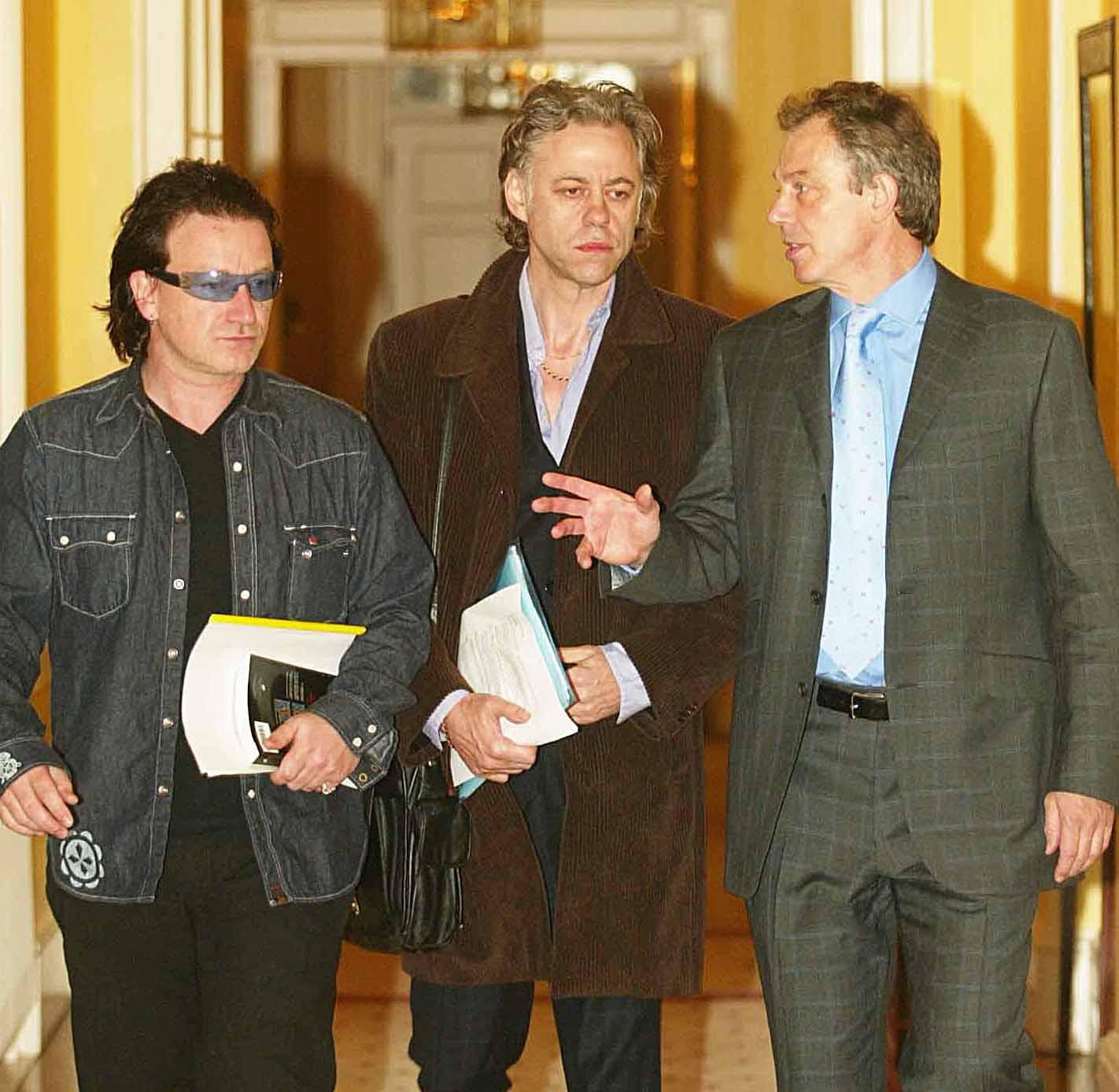 Tony Blair with Bob Geldof and Bono in No. 10 Downing Street