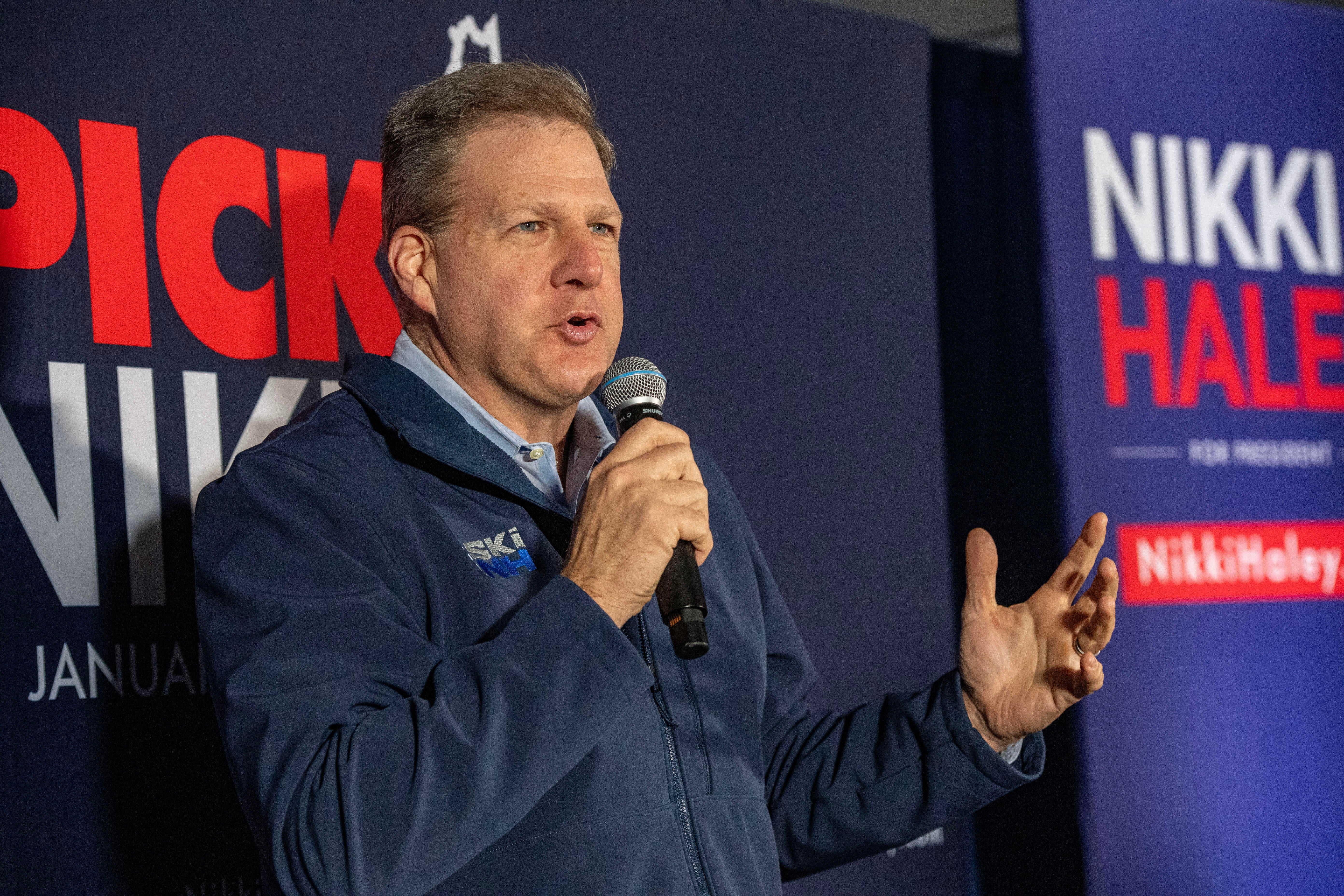 New Hampshire Governor Chris Sununu introduces Republican presidential hopeful and former UN Ambassador Nikki Haley before she speaks at a campaign event in Franklin, New Hampshire on January 22, 2024. Sununu is facing criticism for his comments about the wealth of Elon Musk